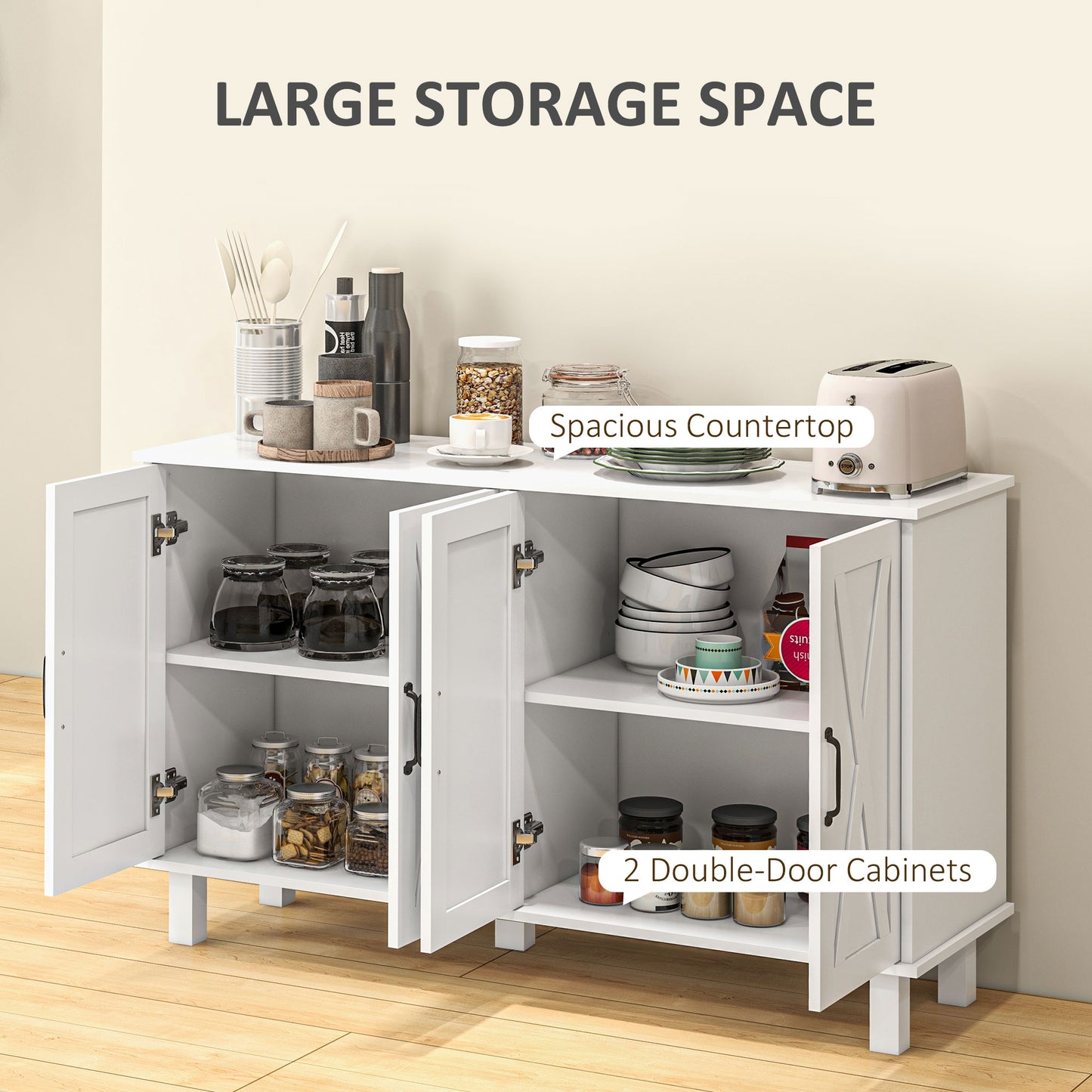 HOMCOM Kitchen Sideboard Cabinet with 4 Barn Doors and 2 Adjustable Shelves, Buffet Table for Living Room, Hallway, White