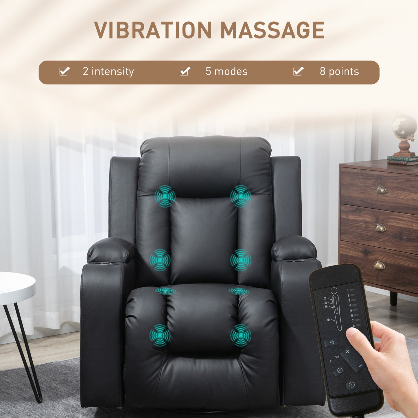 HOMCOM Swivel Massage Recliner Chair Rocker, Overstuffed Manual Reclining Sofa, PU Leather Rocking Chair with Side Pockets, Cup Holders, for Living Room, Nursery, Brown