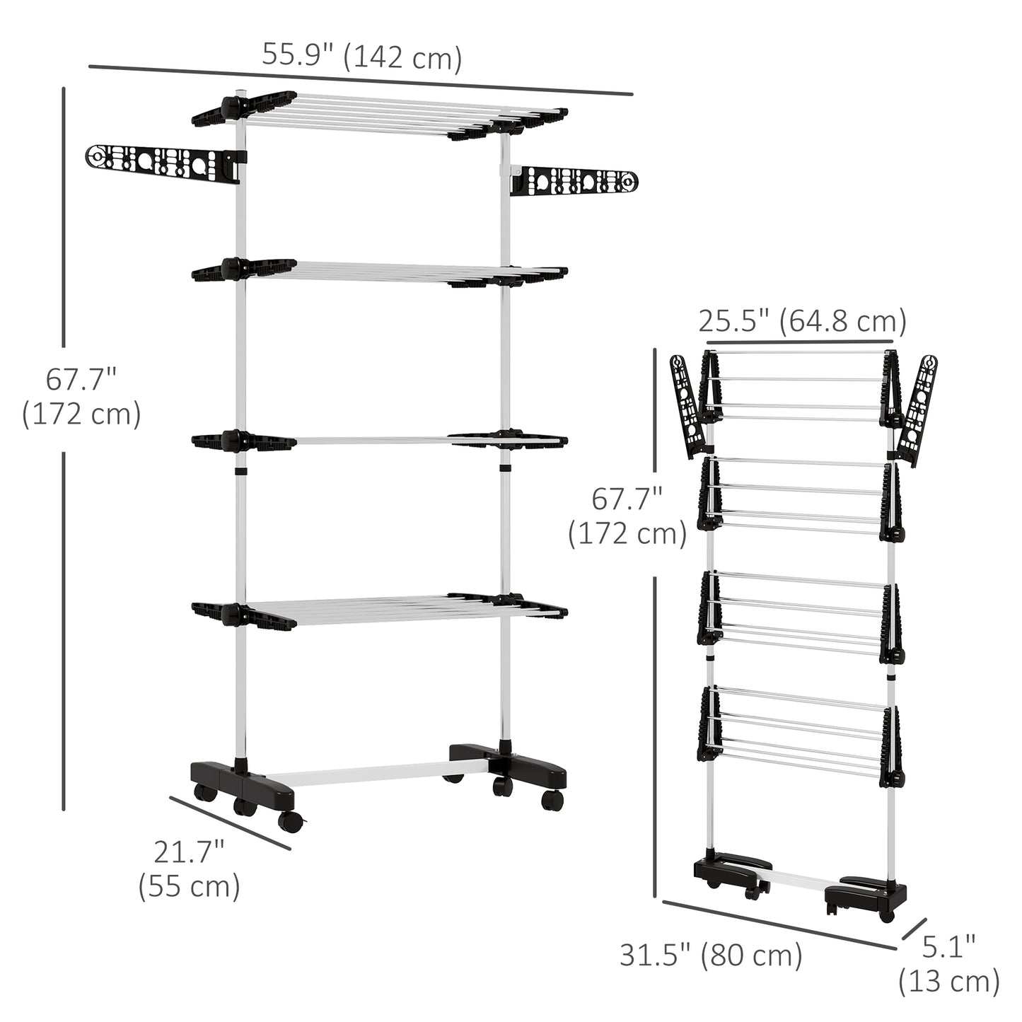 HOMCOM Garment Drying Rack Stainless Steel Folding Clothes Hanging Rack with Side Wings Castors for Indoor Outdoor Grey