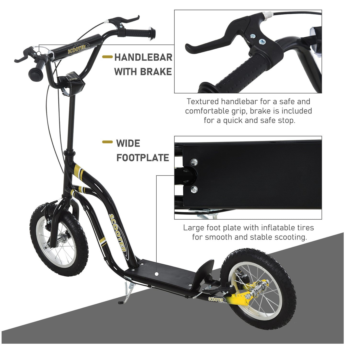 Aosom Dual Brakes Kick Scooter 12-Inch Inflatable Front Wheel Ride On Toy for Age 5+, Black