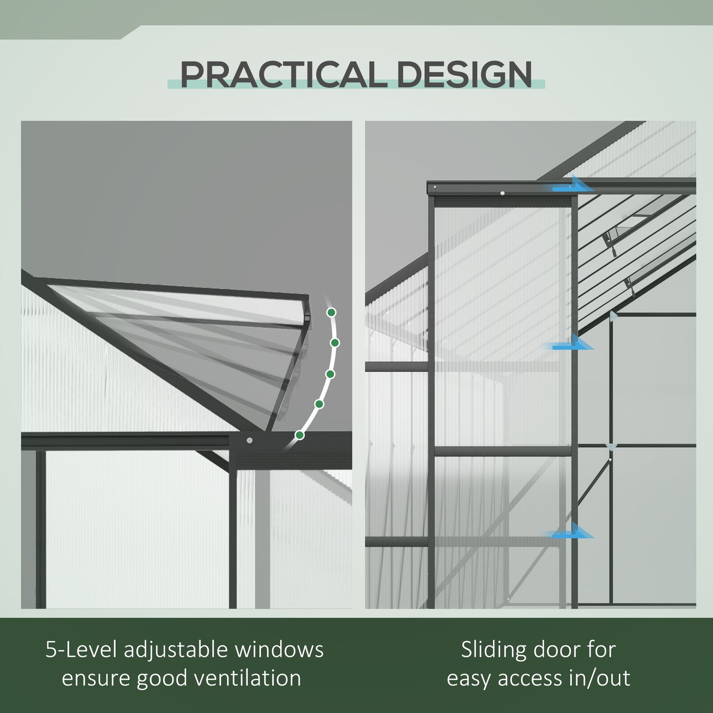 Outsunny 20' x 8' Aluminum Polycarbonate Greenhouse Walk-in Garden Greenhouse Kit with Adjustable Roof Vent, Rain Gutter and Sliding Door for Winter, Black