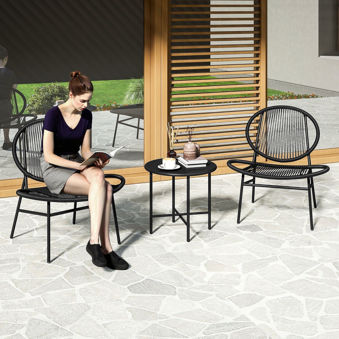 Outsunny Rattan Bistro Set, 3 Pieces Wicker Patio Furniture Set, Acapulco Chairs and Steel Table for Porch, Balcony, Black