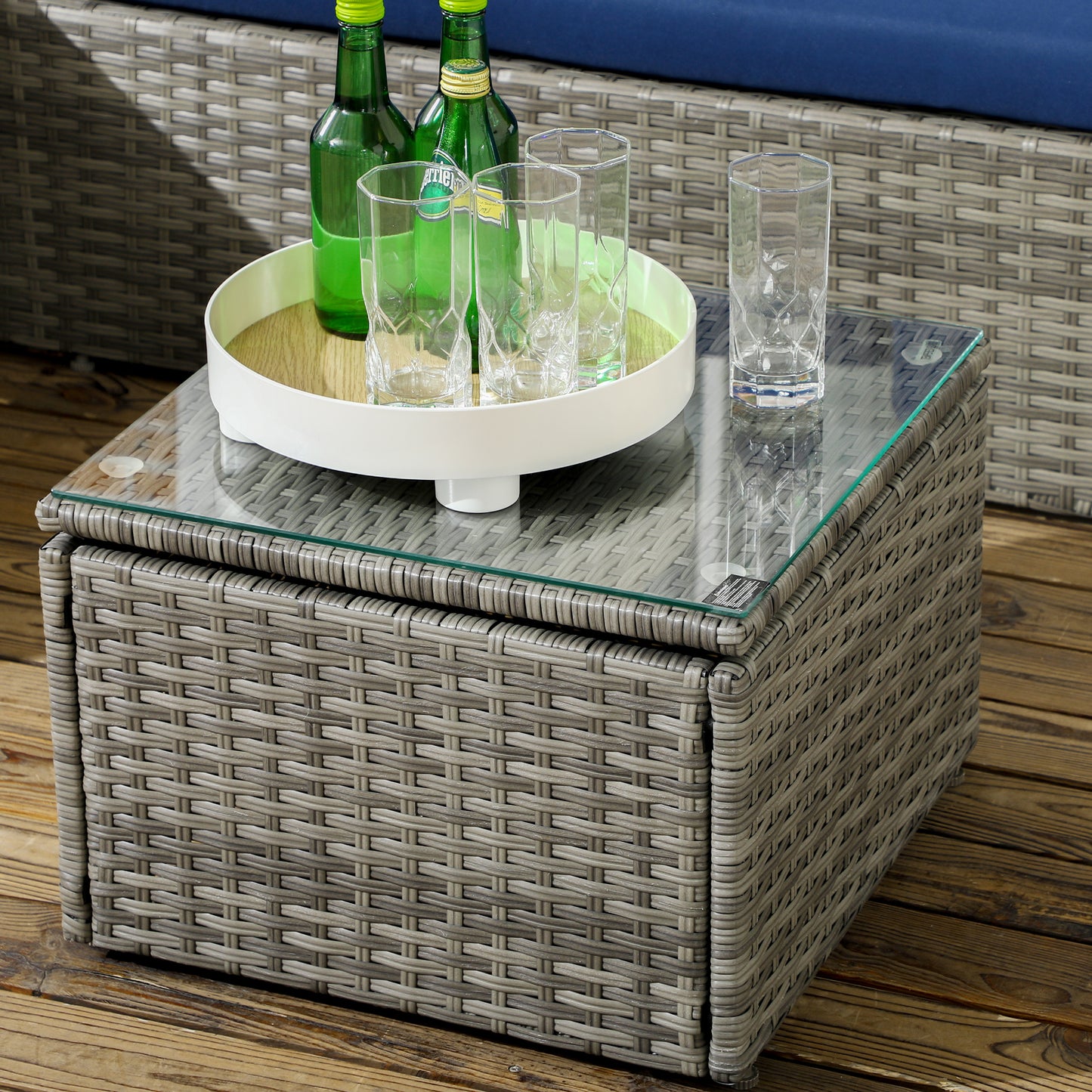 Outsunny 3-Piece Patio Furniture Set Modern Sectional Sofa Rattan Chair Wicker Conversation Set Outdoor Hand Woven Rattan Wicker Furniture Patio Coffee Table Sofa Set, Blue