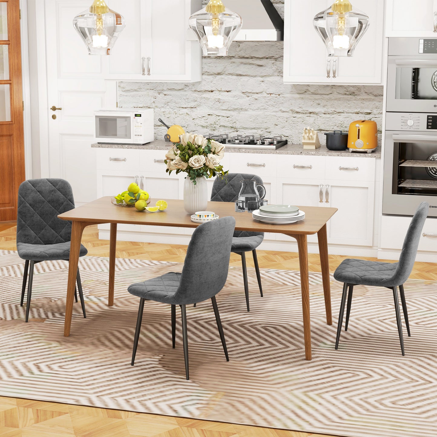 HOMCOM Dining Chairs Set of 4, Upholstered Dining Room Chairs with Steel Legs, Modern Kitchen Chair for Dining Room, Grey