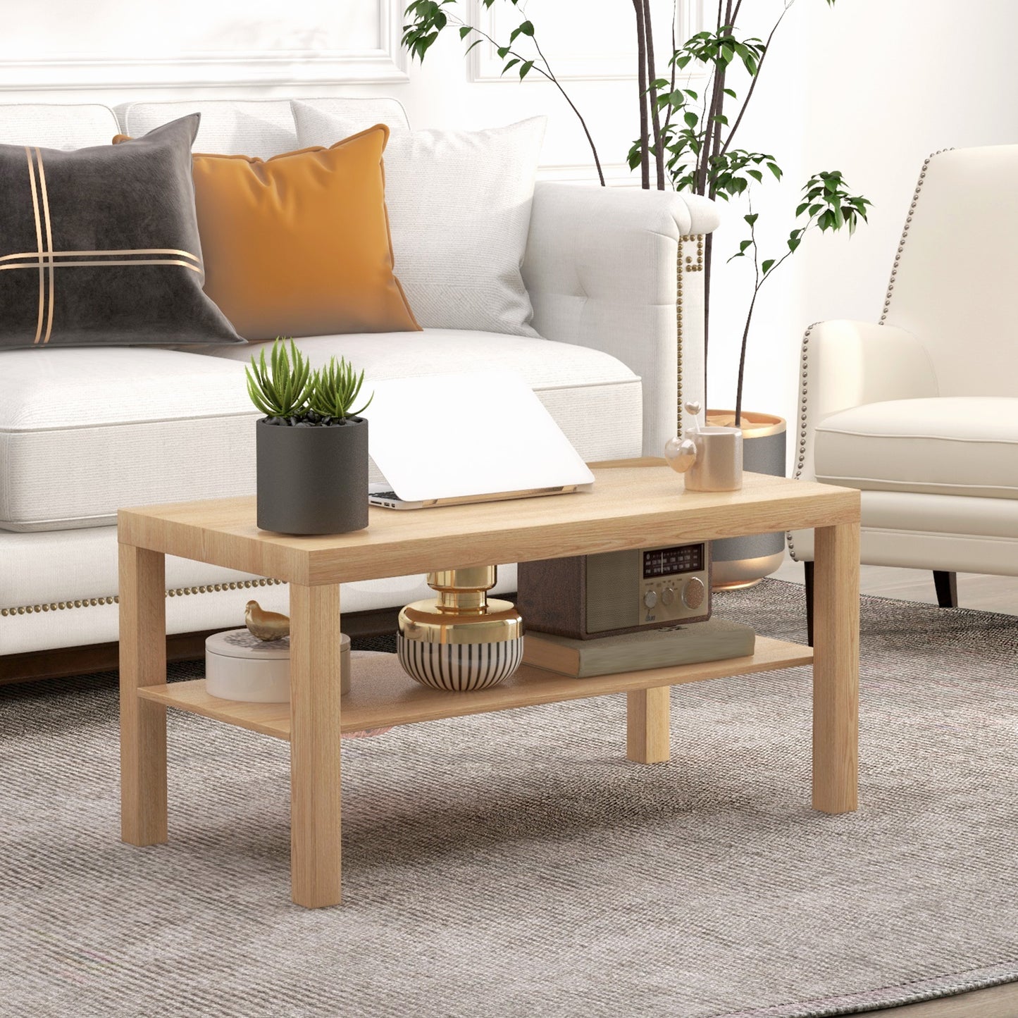 HOMCOM 2 Tier Coffee Table with Storage Shelf, Rectangular Center Table for Living Room, Home Office Furniture Walnut