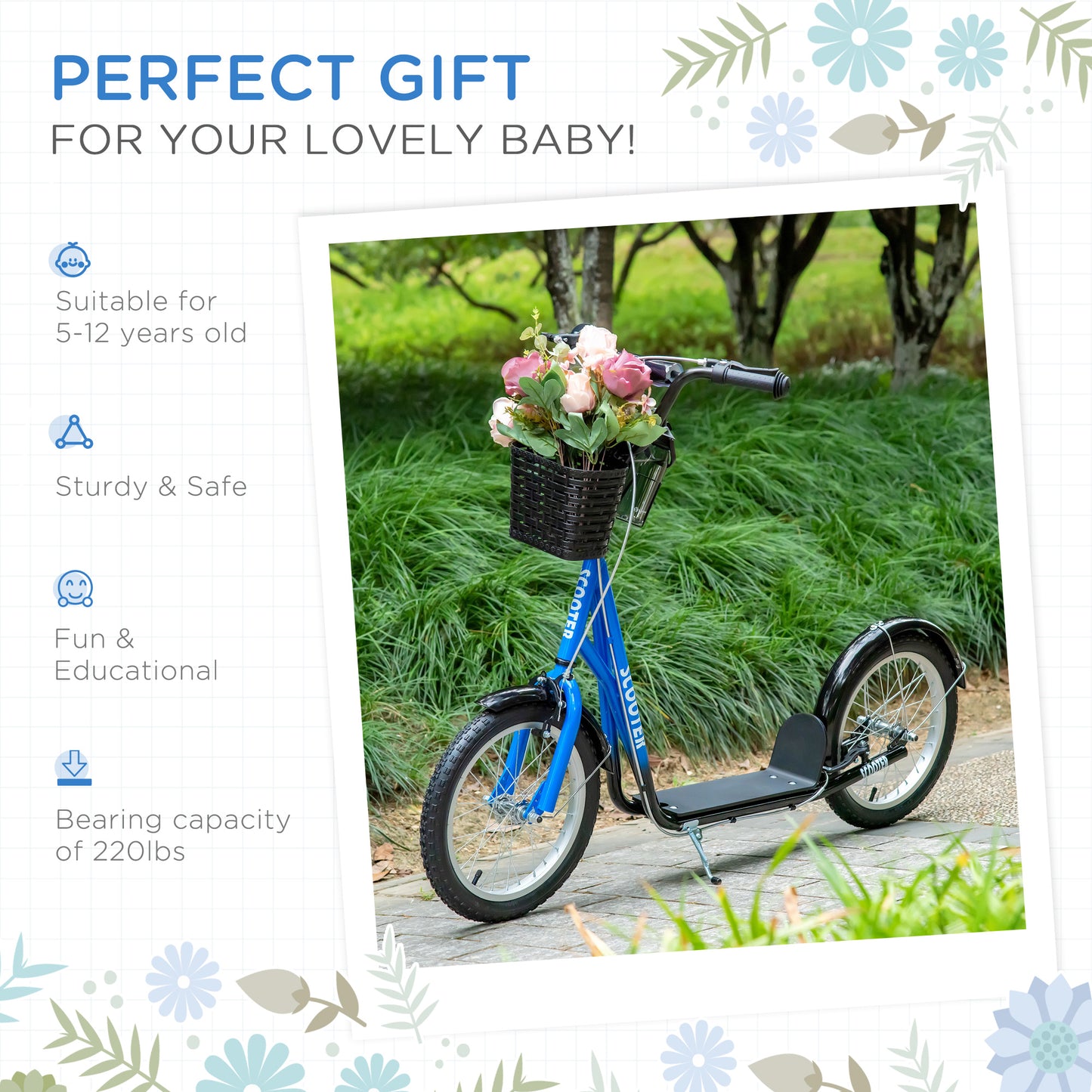 Aosom Kick Scooter with Adjustable Handlebar, Kids Scooter with 2 Brakes Basket Cupholder 16" Inflatable Rubber Tyres Pink