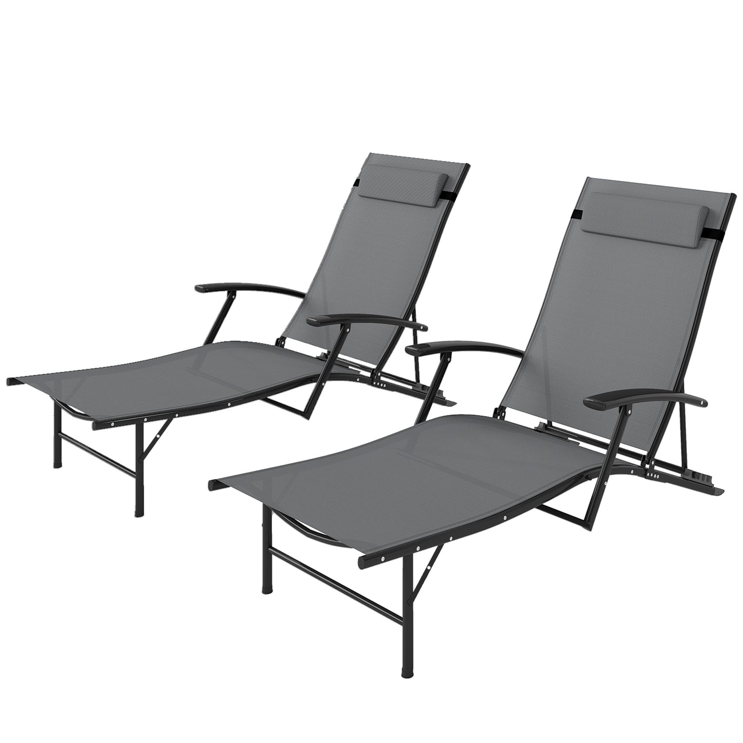 Outsunny Folding Chaise Lounge Chair Set of 2, Reclining Outdoor Lounge Chair Set with Quick Drying Pad Headrest Side Pocket, Tanning Chair Set for Beach Garden Pool, Light Grey