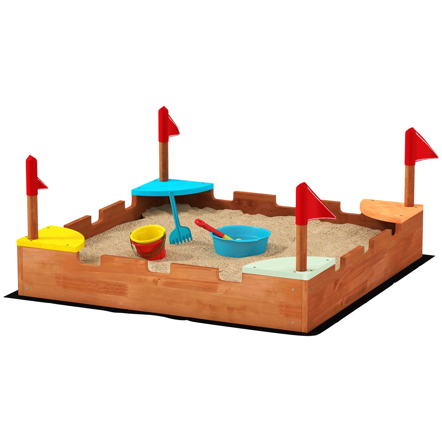Qaba Wooden Kids Sandbox with Cover, 4 Seats, Rudder, Deck, Bottom Liner, 52" x 40" x 55.5", for Ages 3-8, Yellow