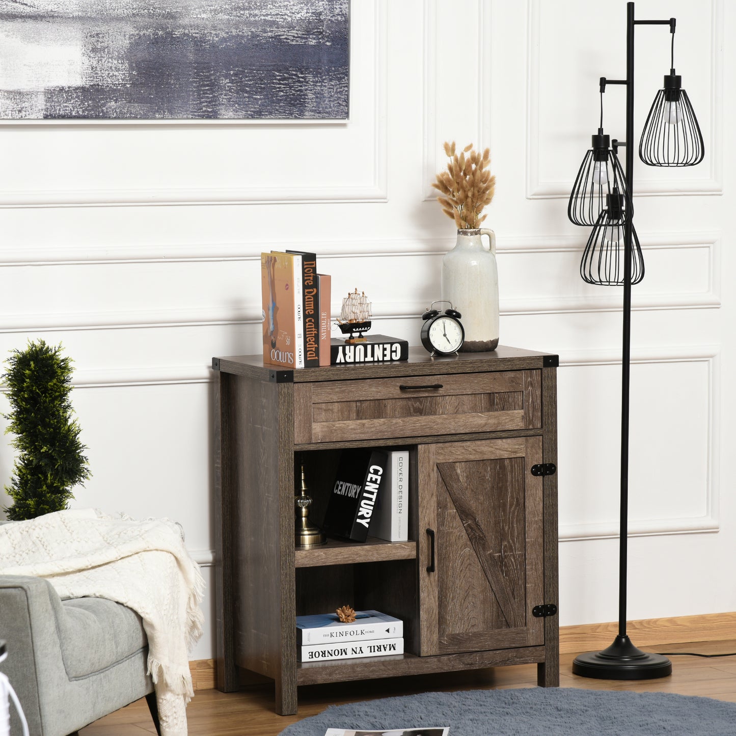 HOMCOM Rustic Barn Door Storage Cabinet Modern Farmhouse Buffet Sideboard for Kitchen and Dining Room White