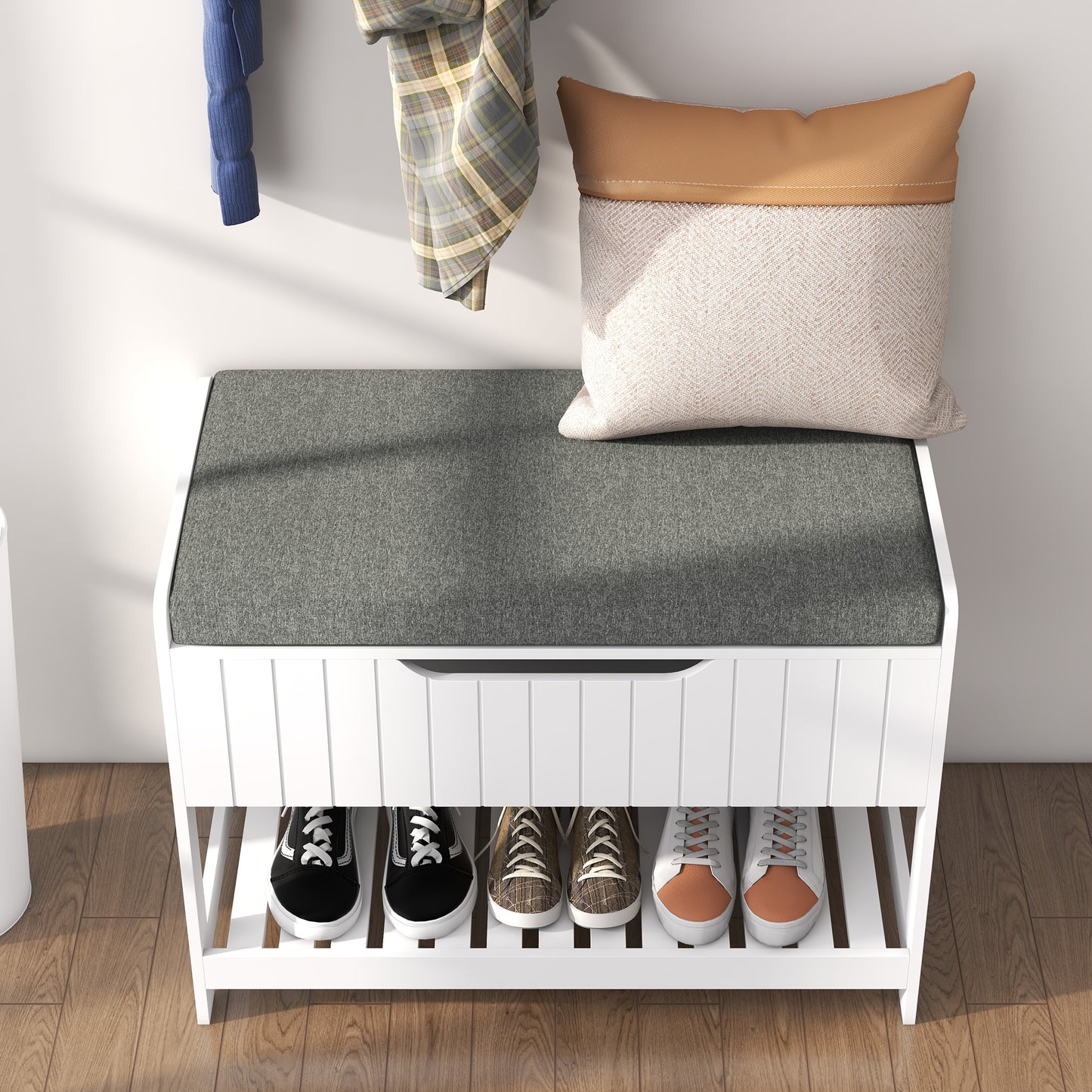 HOMCOM Wall Mounted Coat Rack with Shoe Storage Bench, Hall Tree and Bench, Clothes Hanger Rack with Shelves for Hallway White