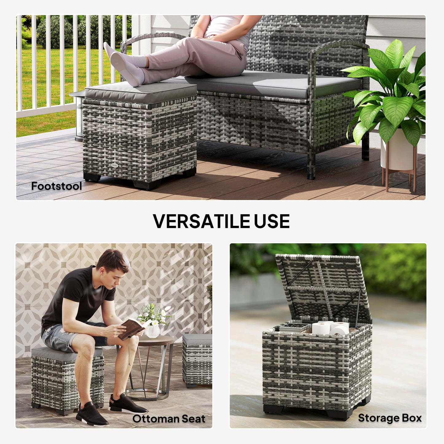 Outsunny Set of 2 Wicker Ottoman, Outdoor Footstool with Storage & Removable Cushions for Poolside, Patio, Deck, Grey