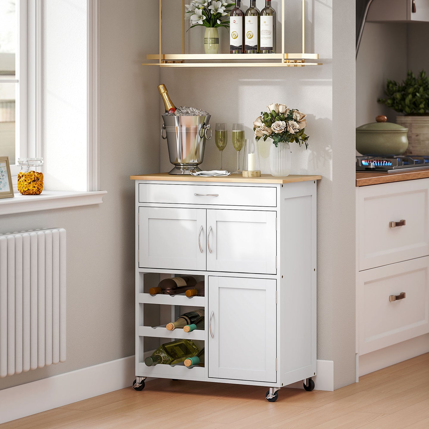 HOMCOM Rolling Kitchen Cart, Kitchen Island with Storage Drawer, 9-bottle Wine Rack, Door Cabinets, Wooden Countertop, White