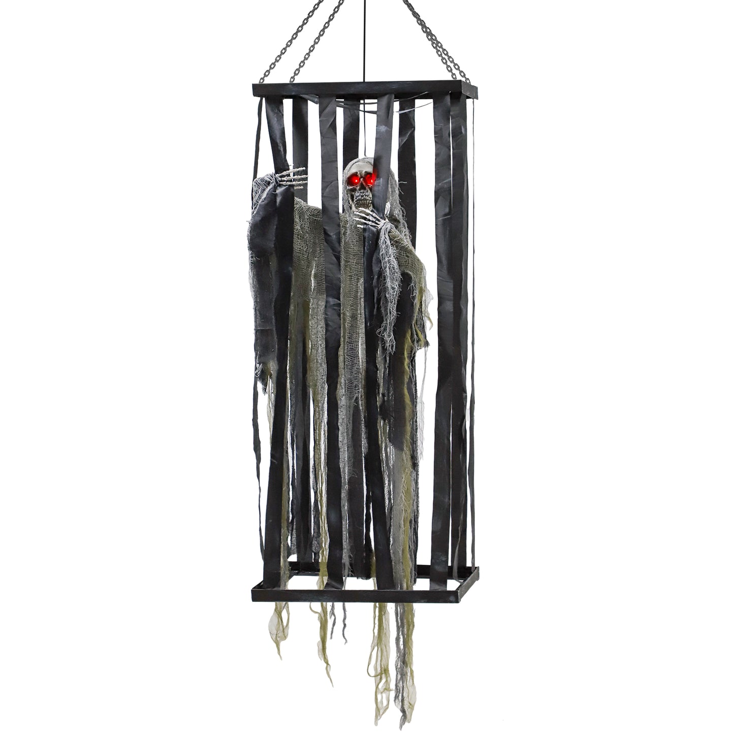 Outsunny Animatronics Hanging Skeleton Reaper in Cage, Voice-Activated Prop with Flashing Eyes, Easy Setup Indoor