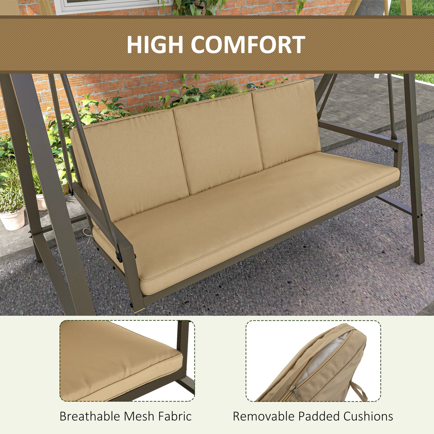 Outsunny 3 Seater Patio Swing Chair, Porch Swing with Adjustable Canopy and Removable Cushions, Outdoor Swing Seat, Beige