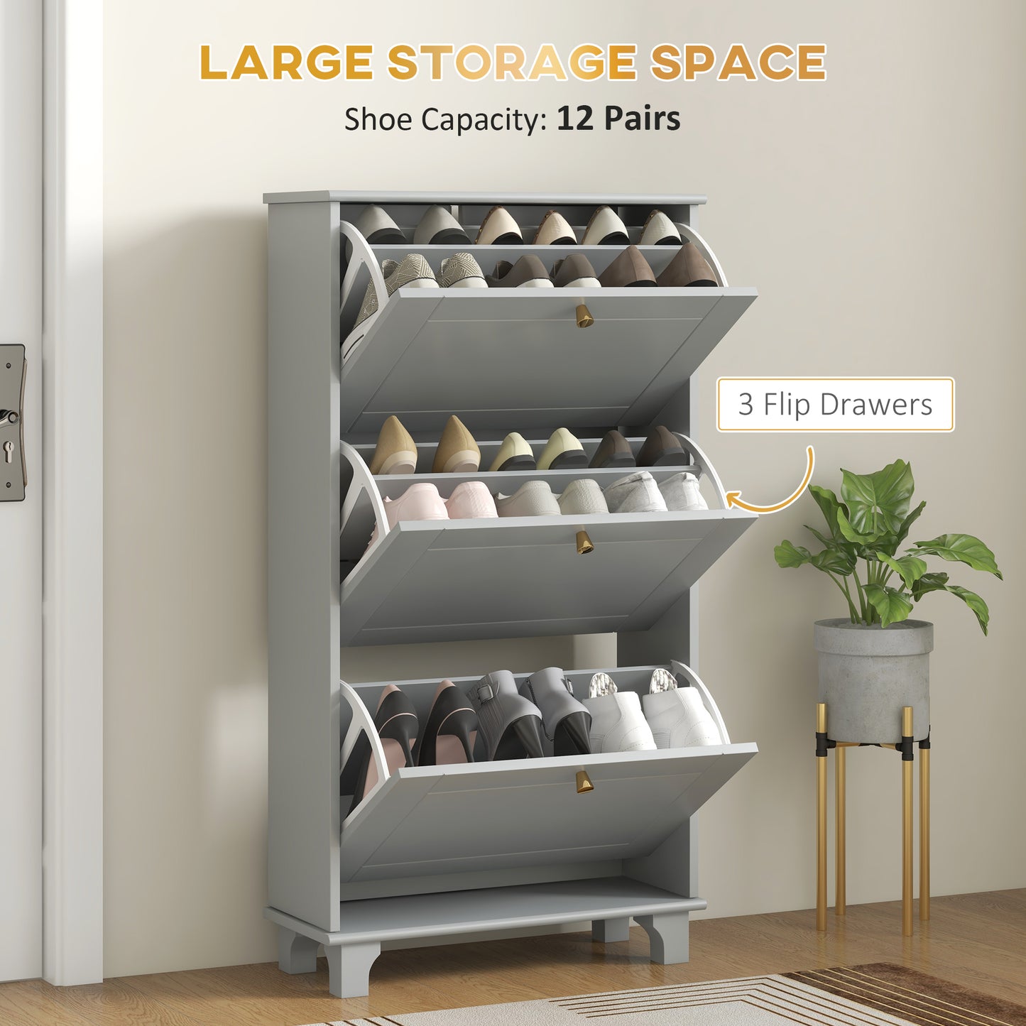 HOMCOM Narrow Shoe Storage with 3 Flip Drawers and Adjustable Shelves, Shoe Cabinet Organizer for 12 Pairs of Shoes, White