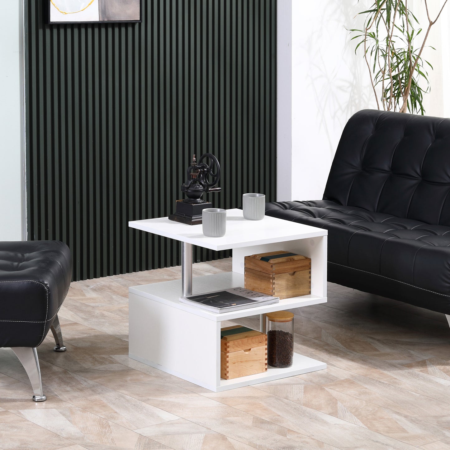 HOMCOM Wooden S Shape End Table 3 Tier Storage Shelves Organizer Living Room Side Table Desk Black