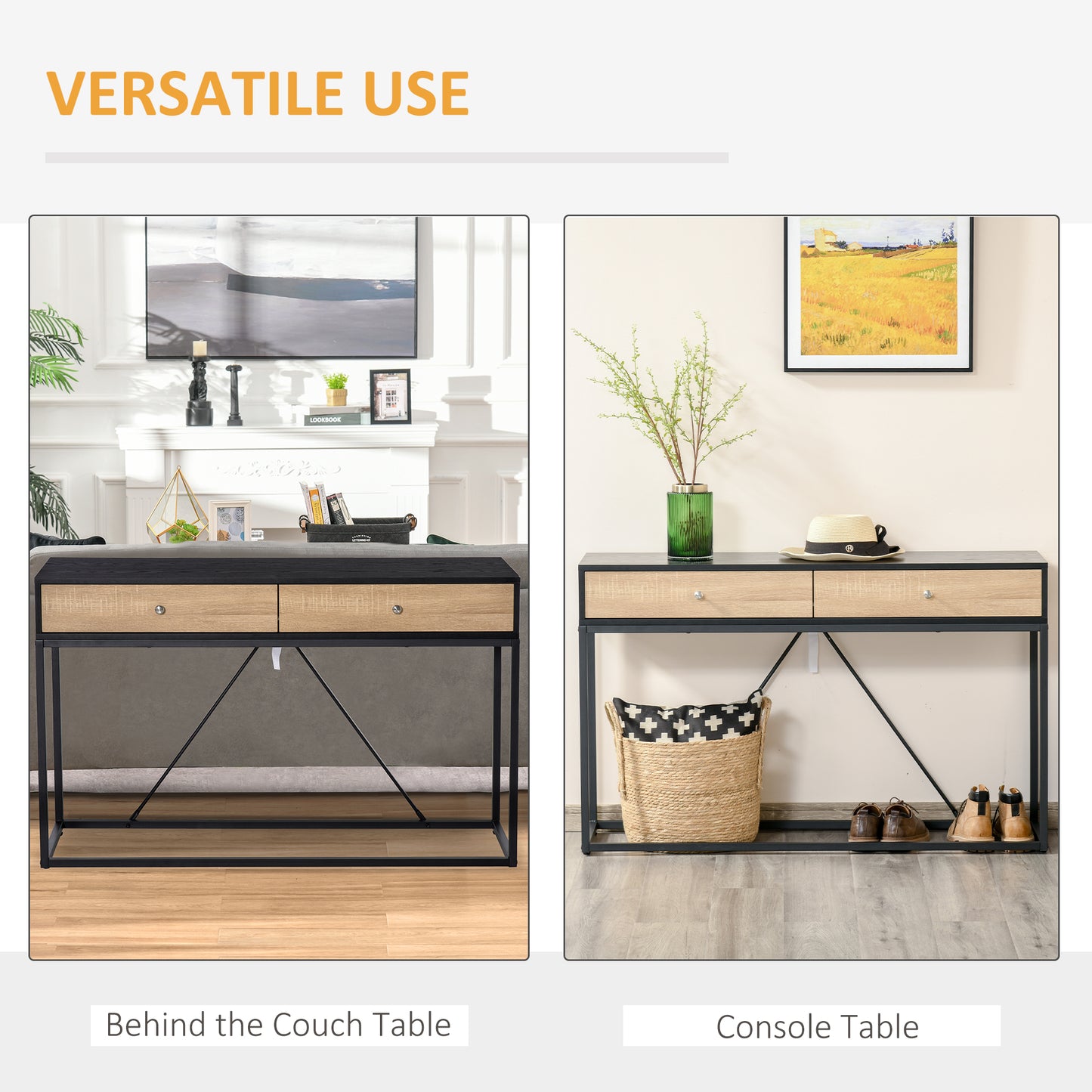 HOMCOM Console Table, Hallway Table with 2 Drawers, Steel Frame Sofa Table for Entrance and Living Room, Black