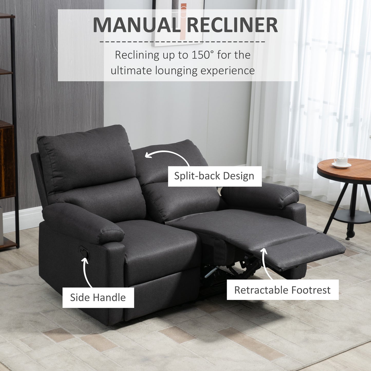 HOMCOM 2 Seater Reclining Chair, Loveseat Recliner Sofa with Footrest and Split Backrest, Dark Grey