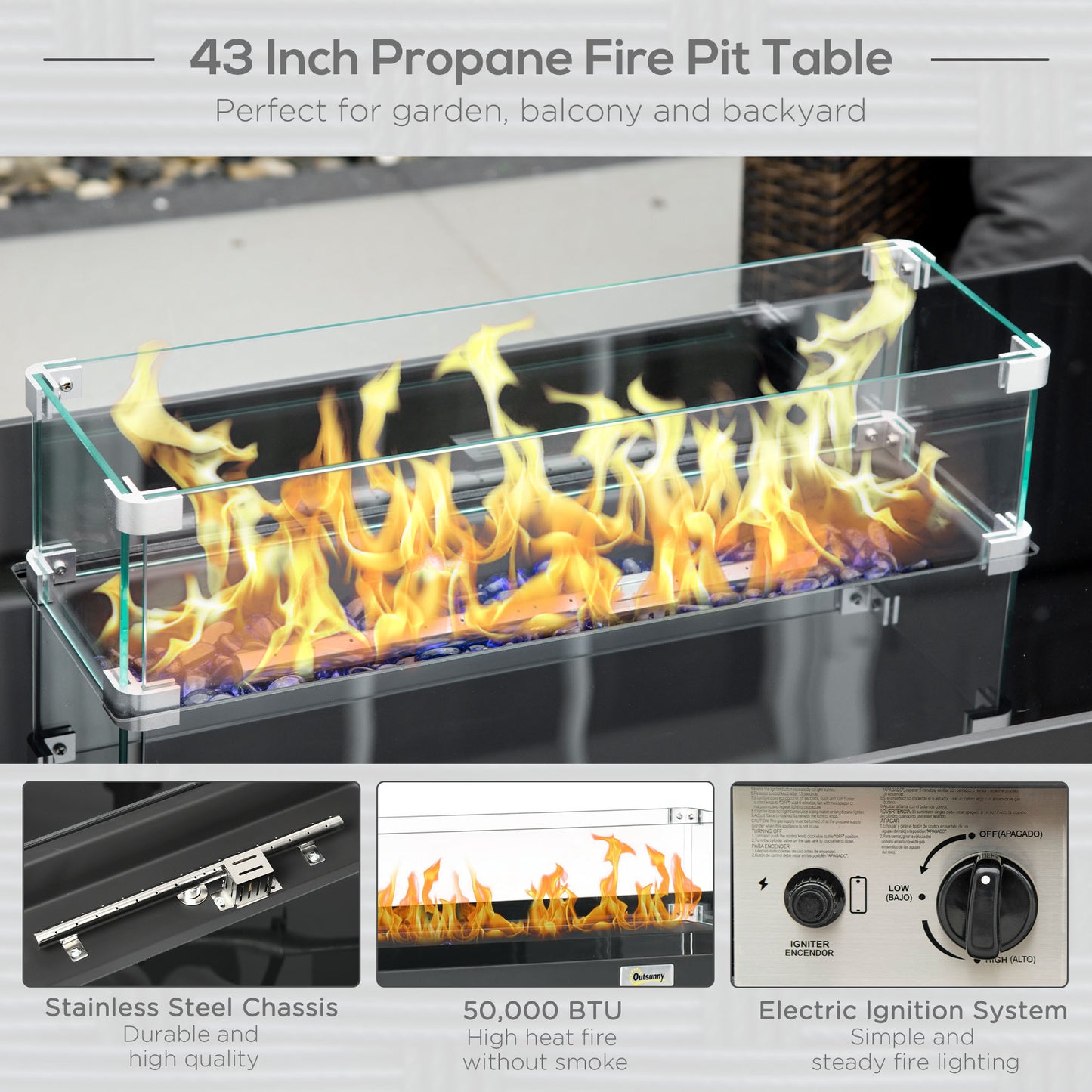 Outsunny Propane Fire Pit Table 43in Outdoor Fire Table, 50,000 BTU Pulse-Ignition Wicker Firepit Furniture with Glass Wind Guard, Blue Glass Rock, CSA Certification, Black