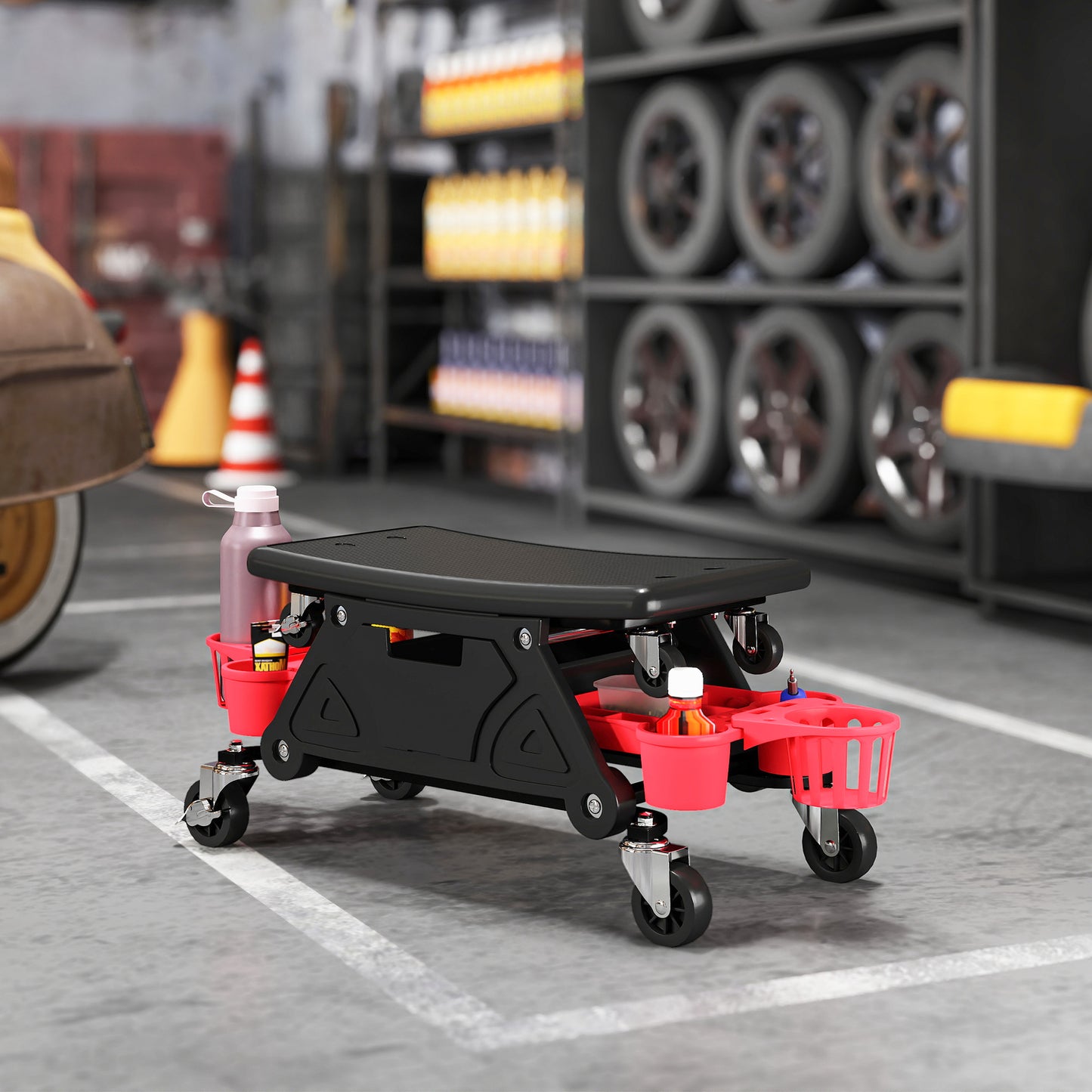 HOMCOM Rolling Garage Stool, 300 LBS Capacity Padded Mechanic Stool with 2.5" Wheels, Adjustable Height 15" -19.7", Red