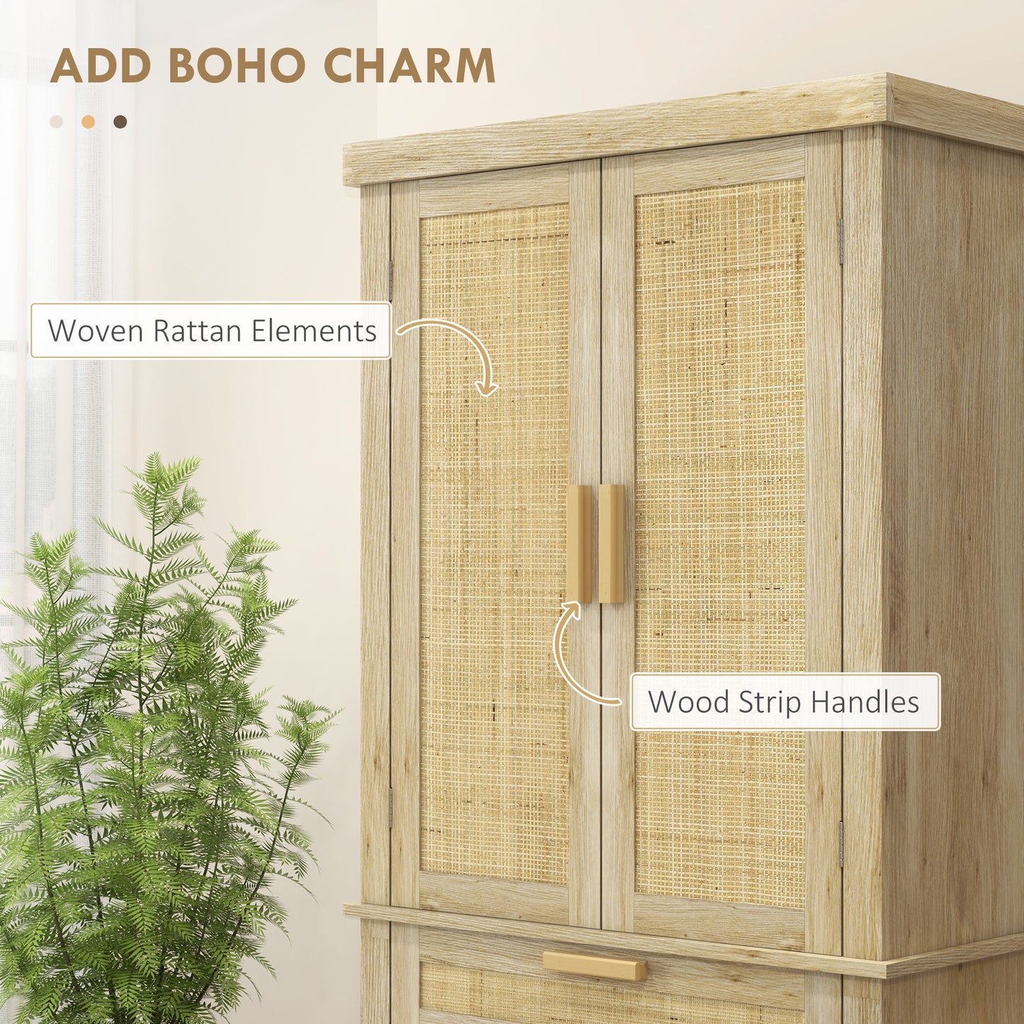 HOMCOM 72" Kitchen Storage Cabinet, Rattan Kitchen Pantry Cabinet with 4 Doors, Drawer, 5-Tier Shelf, Adjustable Shelves, Oak