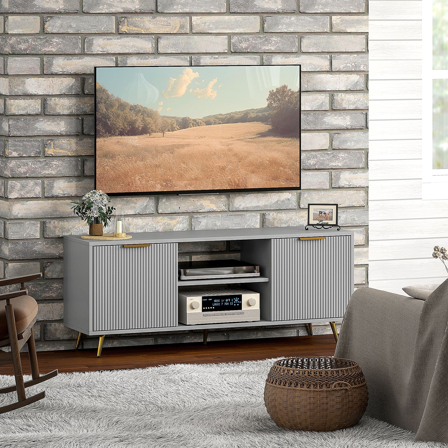 HOMCOM TV Stand with Storage for 55 Inch TV, Modern TV Cabinet with 2 Open Shelves and 2 Cabinets for Living Room, White