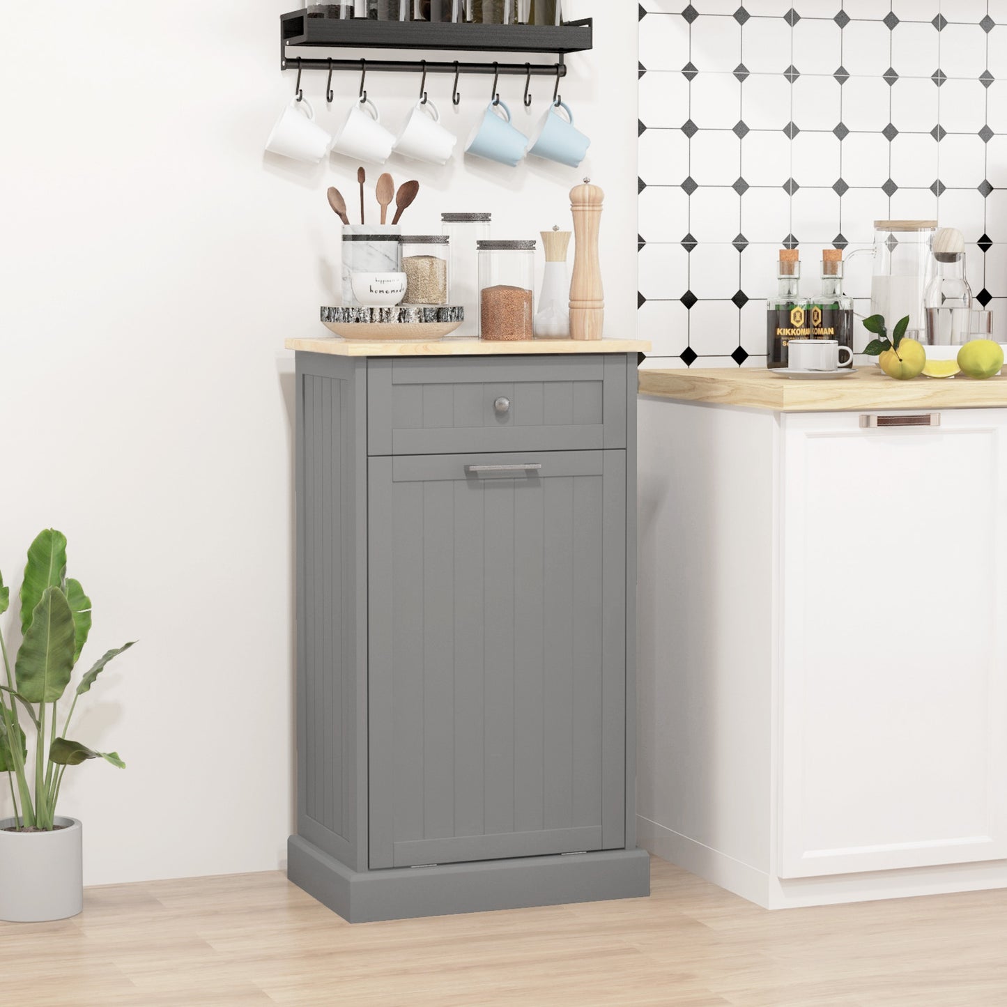 HOMCOM Kitchen Tilt Out Trash Bin Cabinet, Free Standing Recycling Cabinet, Trash Can Holder with Drawer, White