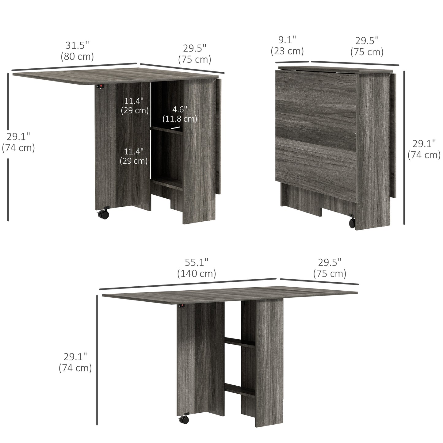 HOMCOM Extendable Dining Table, Collapsible Folding Table w/ 2-tier Shelves and Rolling Casters, Nature Wood
