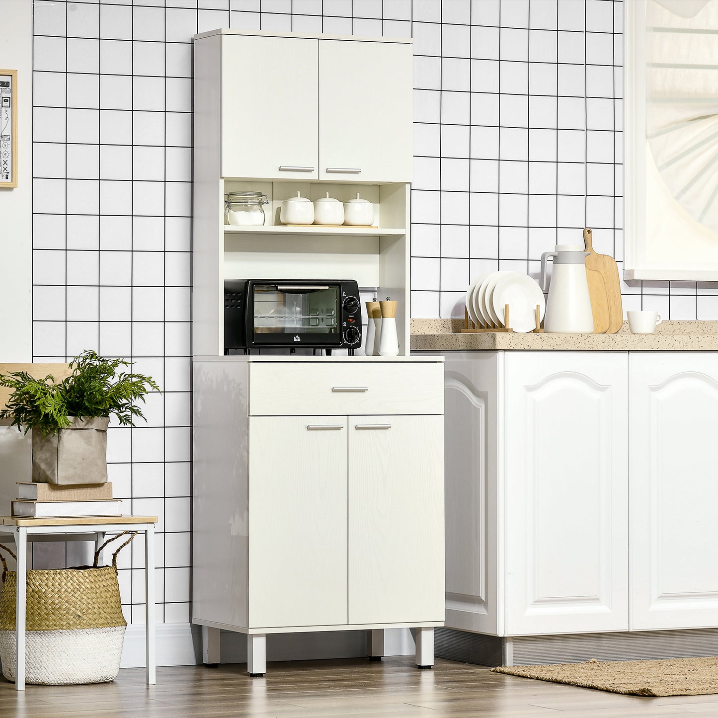 HOMCOM Modern Kitchen Buffet with Hutch Wooden Storage Cupboard with Microwave Counter 2 Cabinet and Drawer for Dining Room Living Room Black