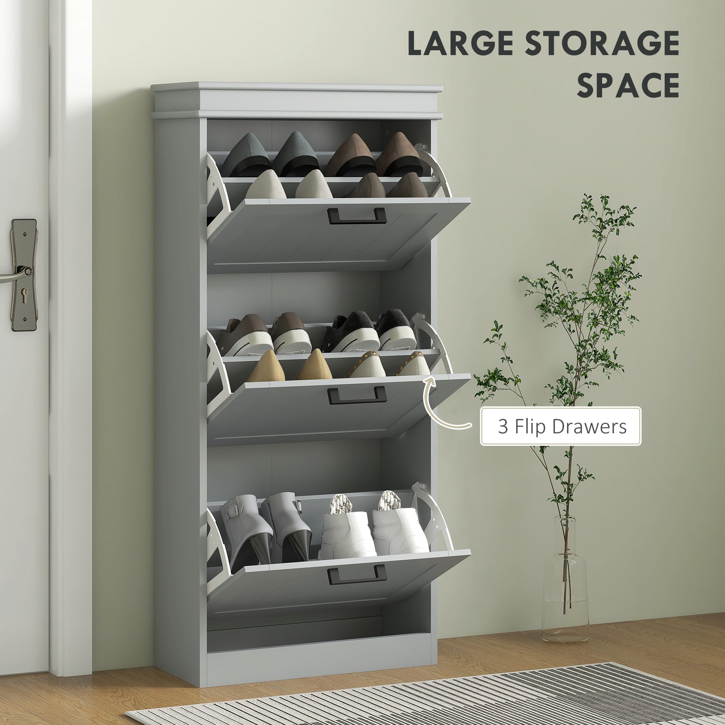 HOMCOM Slim Shoe Cabinet with 3 Flip Drawers and Adjustable Shelves, Narrow Shoe Cabinet for 15 Pairs of Shoes, White