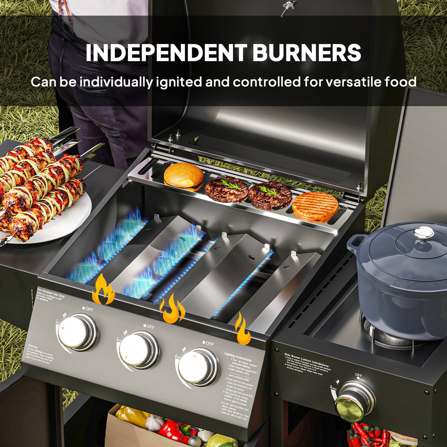 Outsunny 3 Burner Gas Grill with Side Burner, 9.5 KW Propane BBQ Grill, Cabinet Style with Shelves, Wheels, Instant Ignition