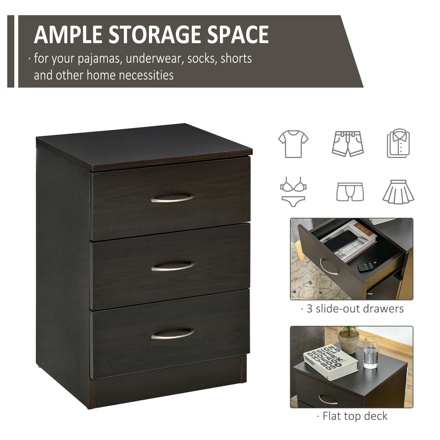 HOMCOM Bedside Table, Modern Night Stand with 3 Drawers and Metal Rail for Bedroom, Dark Brown