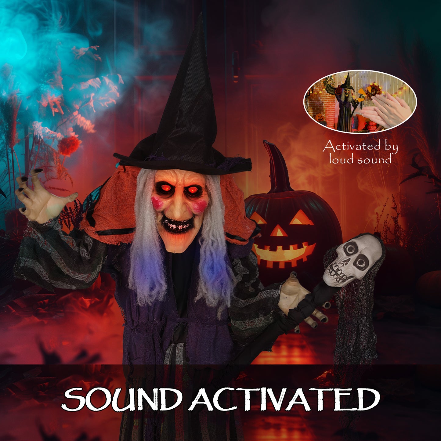 Outsunny Animatronics Standing Witch, Voice-Activated Prop with Skull Staff & Flashing Eyes, Easy Setup Indoor, Orange
