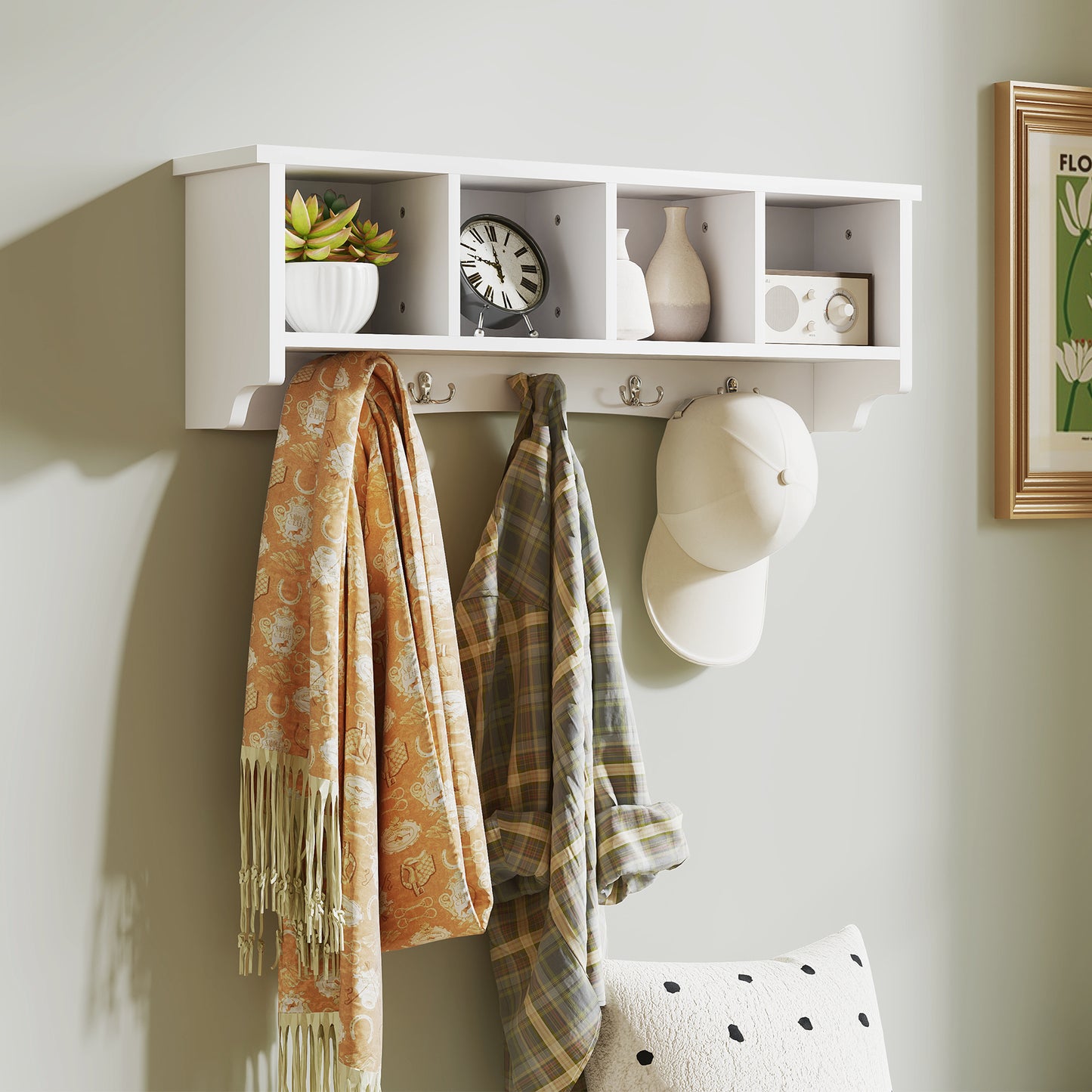HOMCOM Coat Rack Wall Mount with Shelf, 28" Wall Coat Rack with 5 Hooks and 4 Compartments for Living Room, Entryway, White
