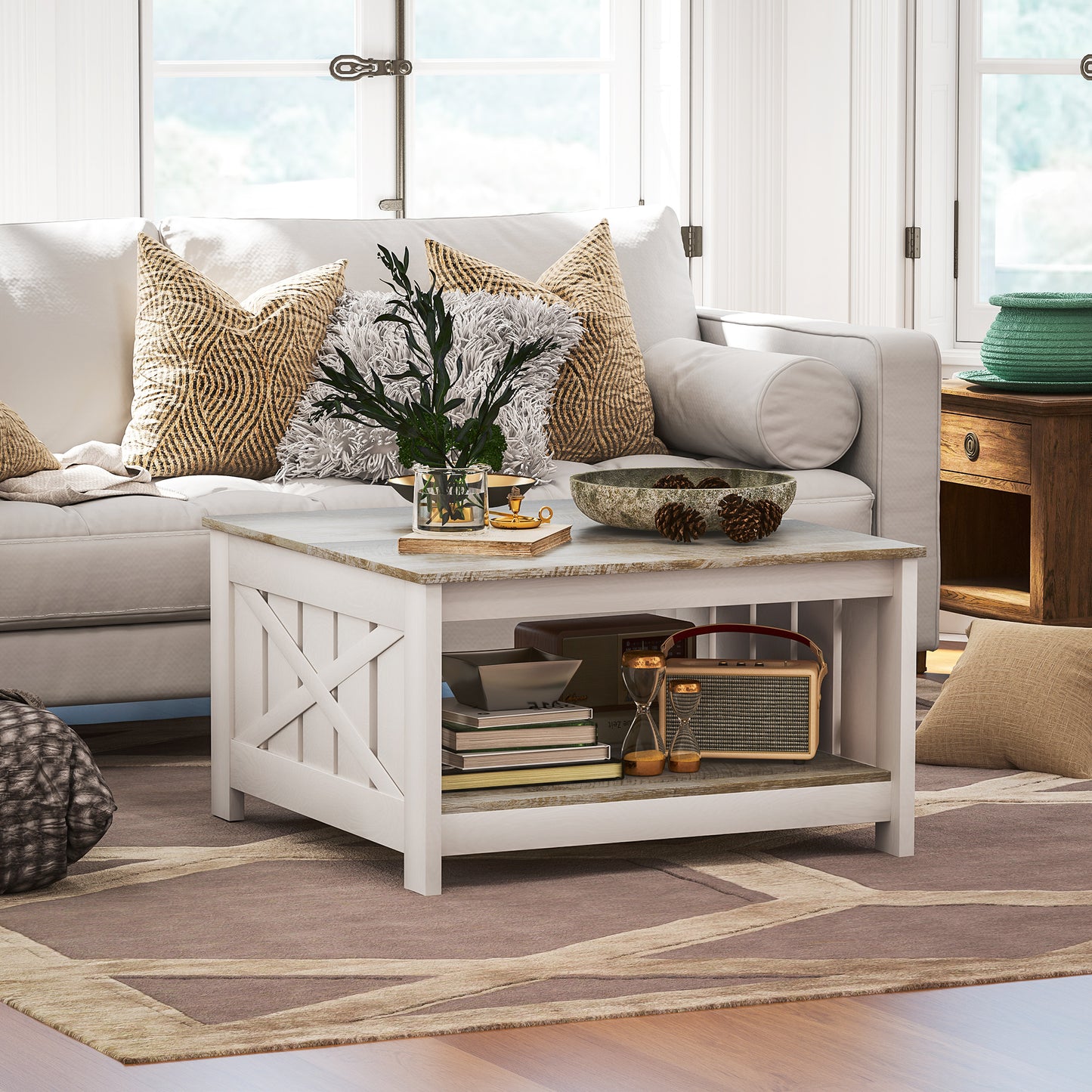 HOMCOM 31.5" Square Coffee Table, Farmhouse 2-Tier Center Table for Living Room, Distressed Oak and Brown