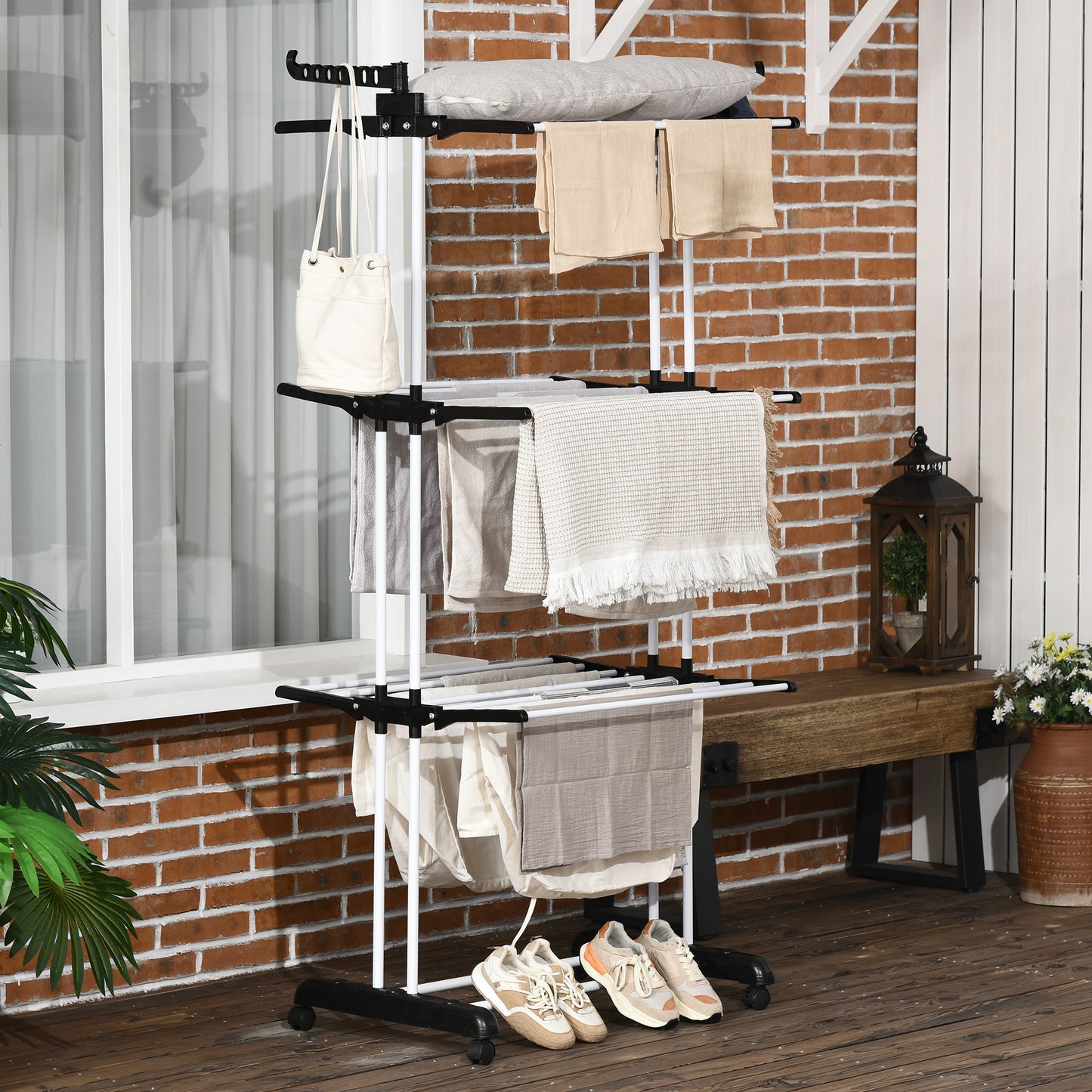HOMCOM Foldable Clothes Drying Rack, 4-Tier Steel Laundry Rack for Drying Clothes with 2 Side Wings and 4 Castors, Indoor and Outdoor Use, Black