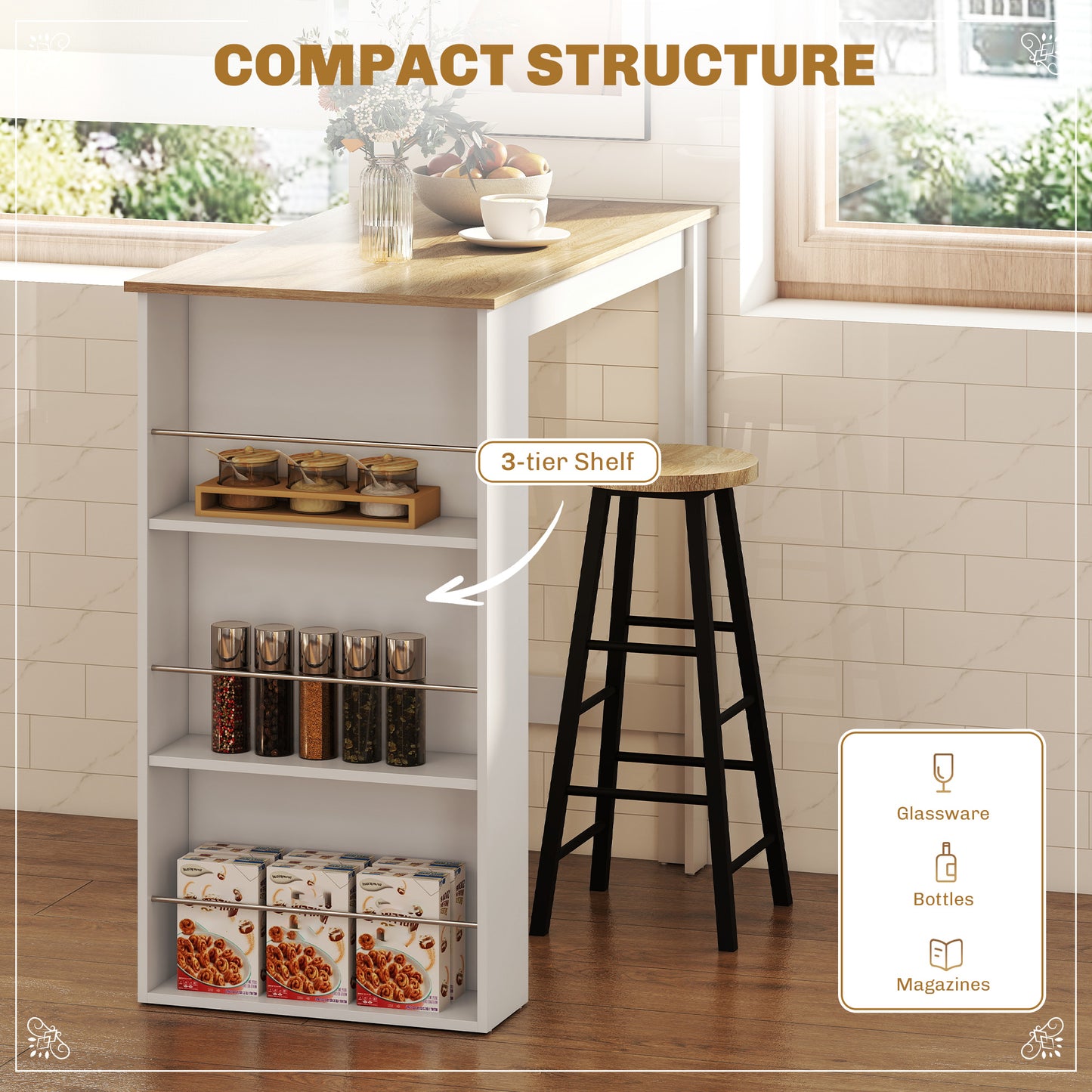 HOMCOM Modern Bar Table, Bar Height Dining Table with 3 Storage Shelves for Kitchen, Dining Room, Living Room, White