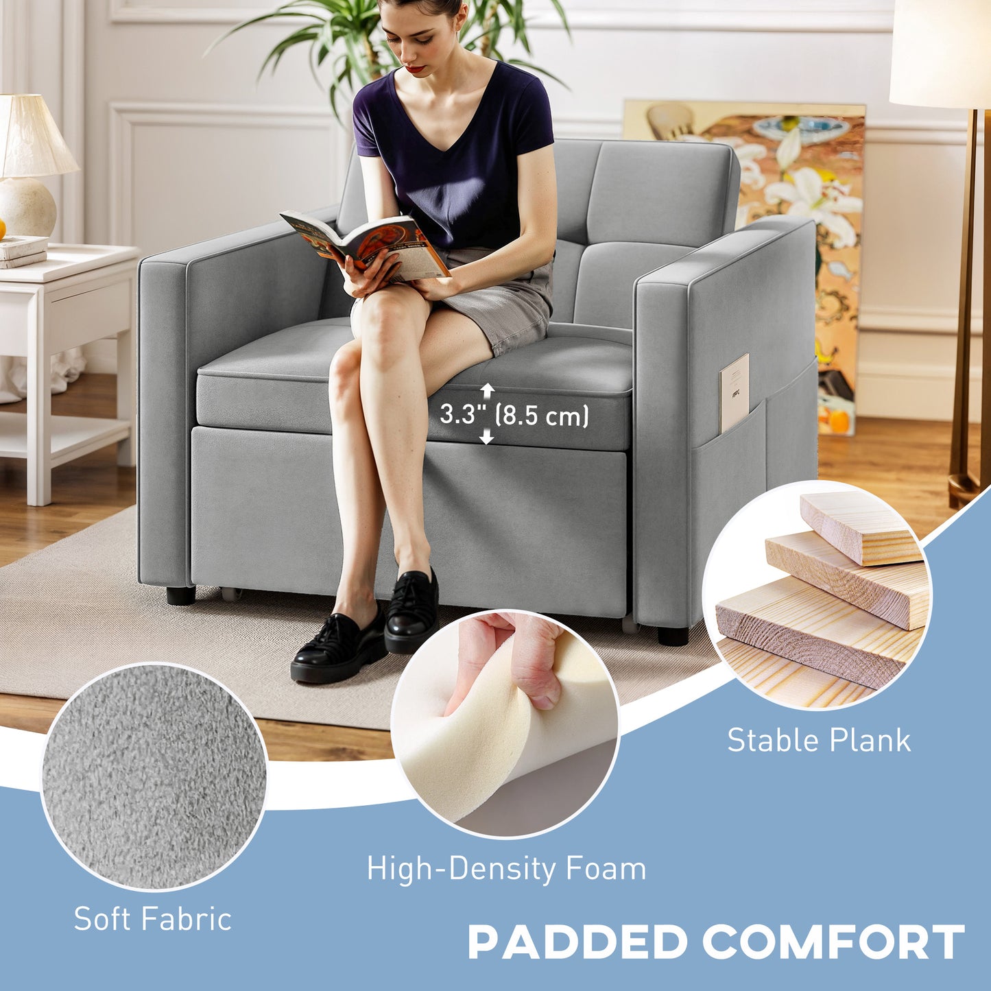 HOMCOM Convertible Chair Bed, Pull Out Sleeper Chair with USB, Adjustable Backrest, Small Velvet Futon Sofa Bed, Grey