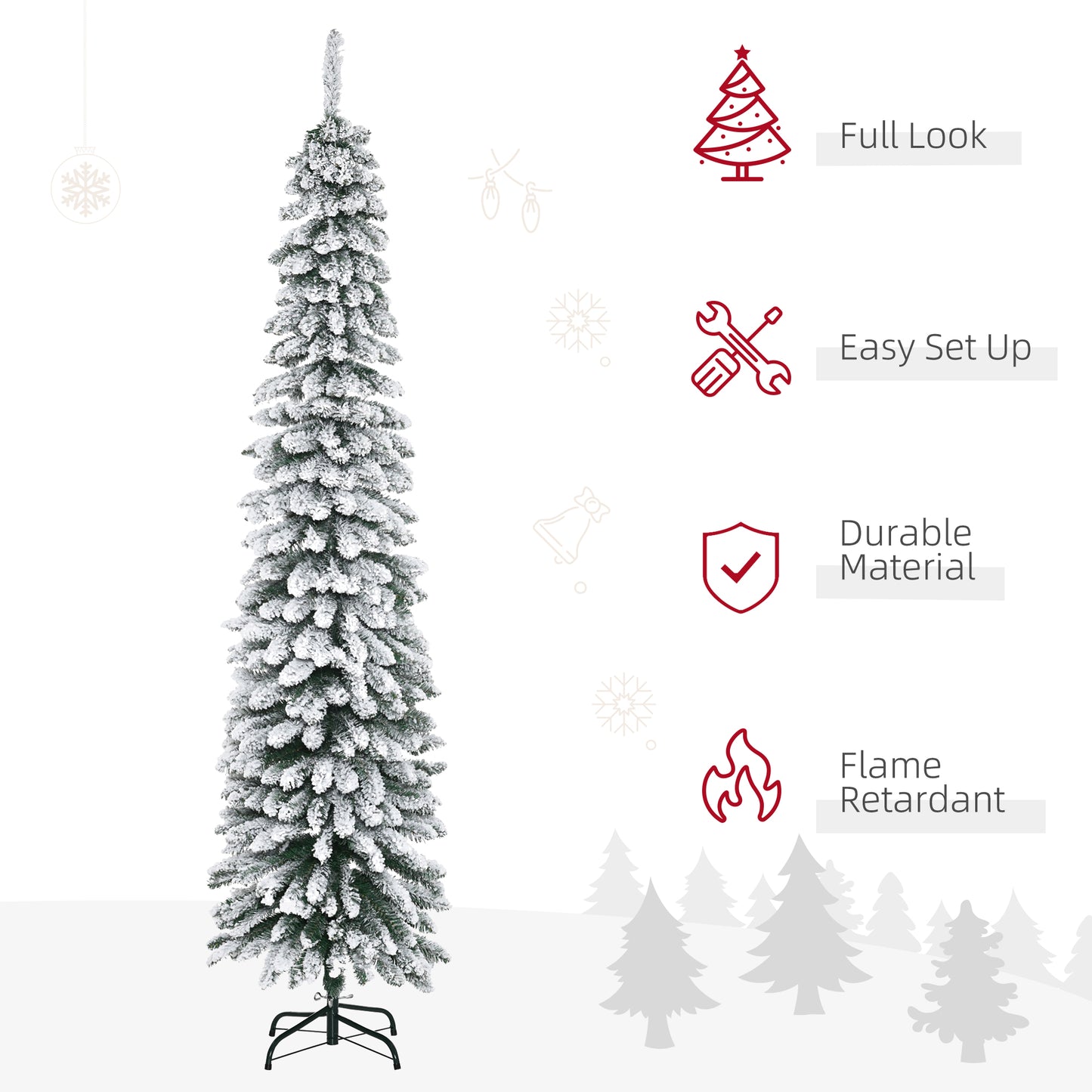 HOMCOM 6 Ft Snow-Flocked Artificial Christmas Tree, Slim Pencil Xmas Tree with Realistic Branches, Metal Base, Green