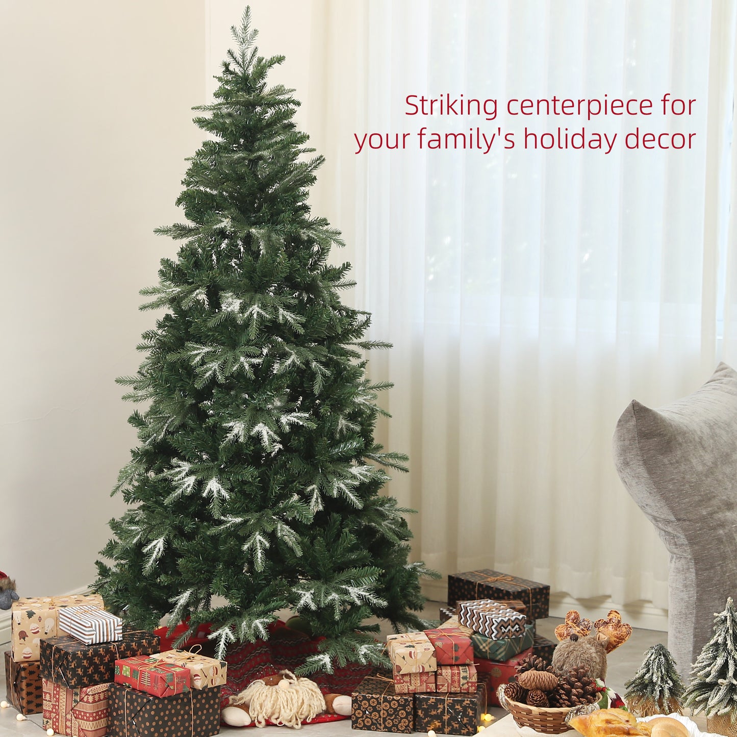 HOMCOM 5ft Decorated Christmas Tree with Red Berries and Pine Cones, Flocked Christmas Tree with Pencil Shape, Green
