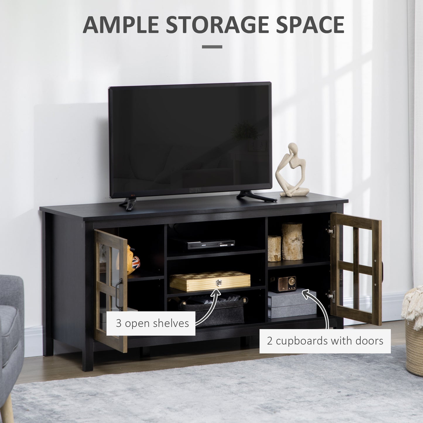 HOMCOM TV Stand for TVs up to 55 Inches, TV Cabinet with Adjustable Shelves and Cable Holes, TV Bench for Living Room, White