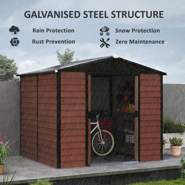 Outsunny 8' x 7' Outdoor Storage Shed, Galvanized Steel Metal Garden Shed with Lockable Doors, Floor Frame, Vents, Lock and Gloves for Backyard, Lawn, Patio, Teak