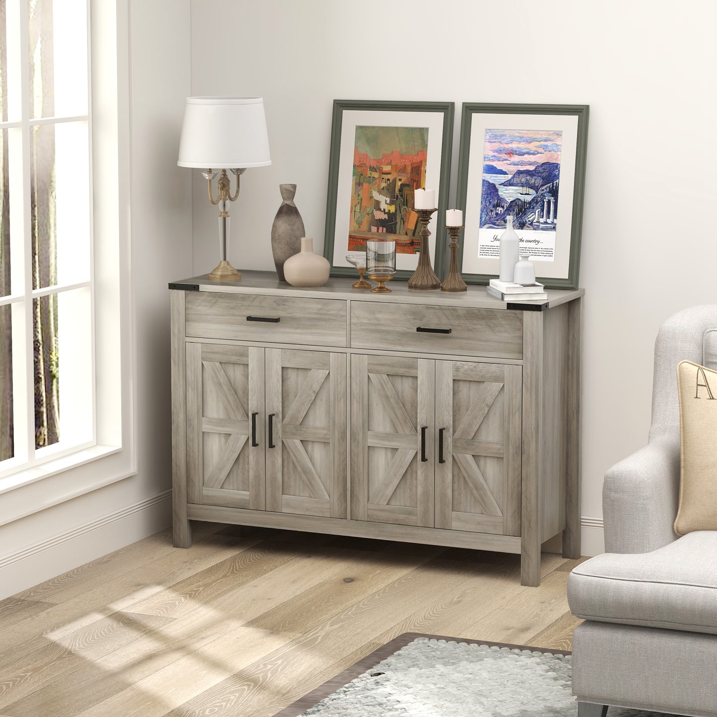 HOMCOM Farmhouse Buffet Cabinet Sideboard with 1 Drawer, 1 Storage Cabinet and Adjustable Shelf, White
