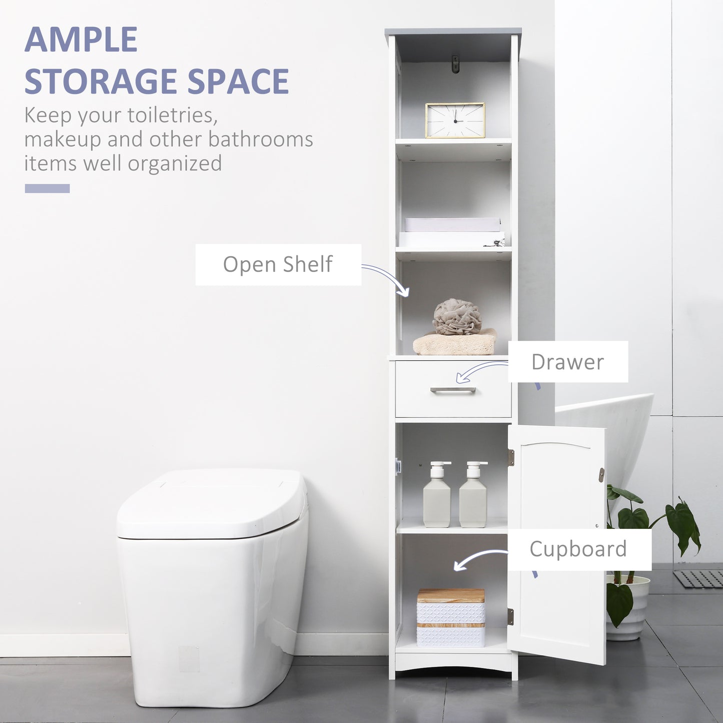 kleankin Tall Bathroom Storage Cabinet, Slim Bathroom Cabinet with 3 Tier Shelf, Drawer, Door, Freestanding Linen Tower, White