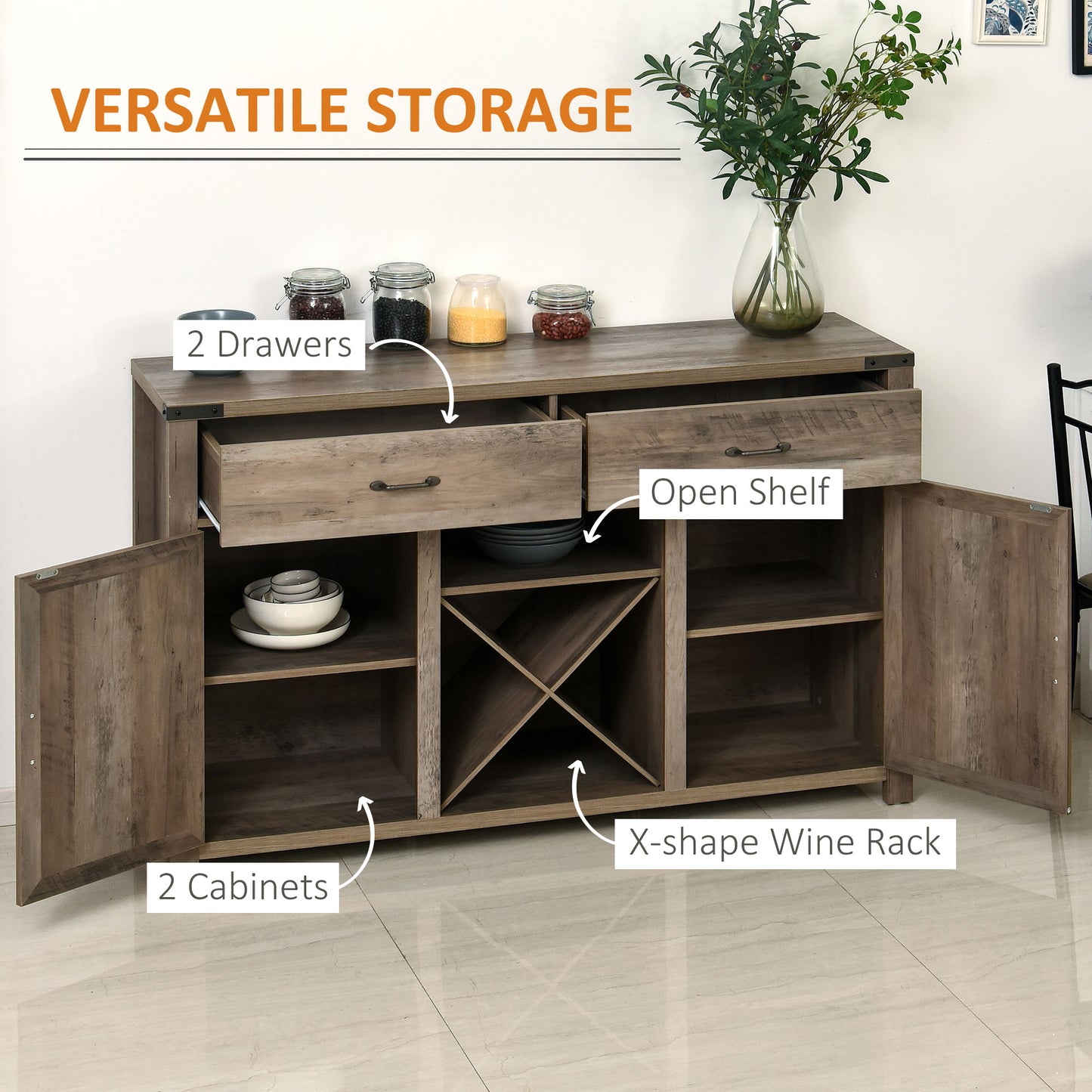 HOMCOM Farmhouse Bar Cabinet, Sideboards and Buffets with Doors, Wine Rack and Drawer, Storage Cabinet for Dining Room