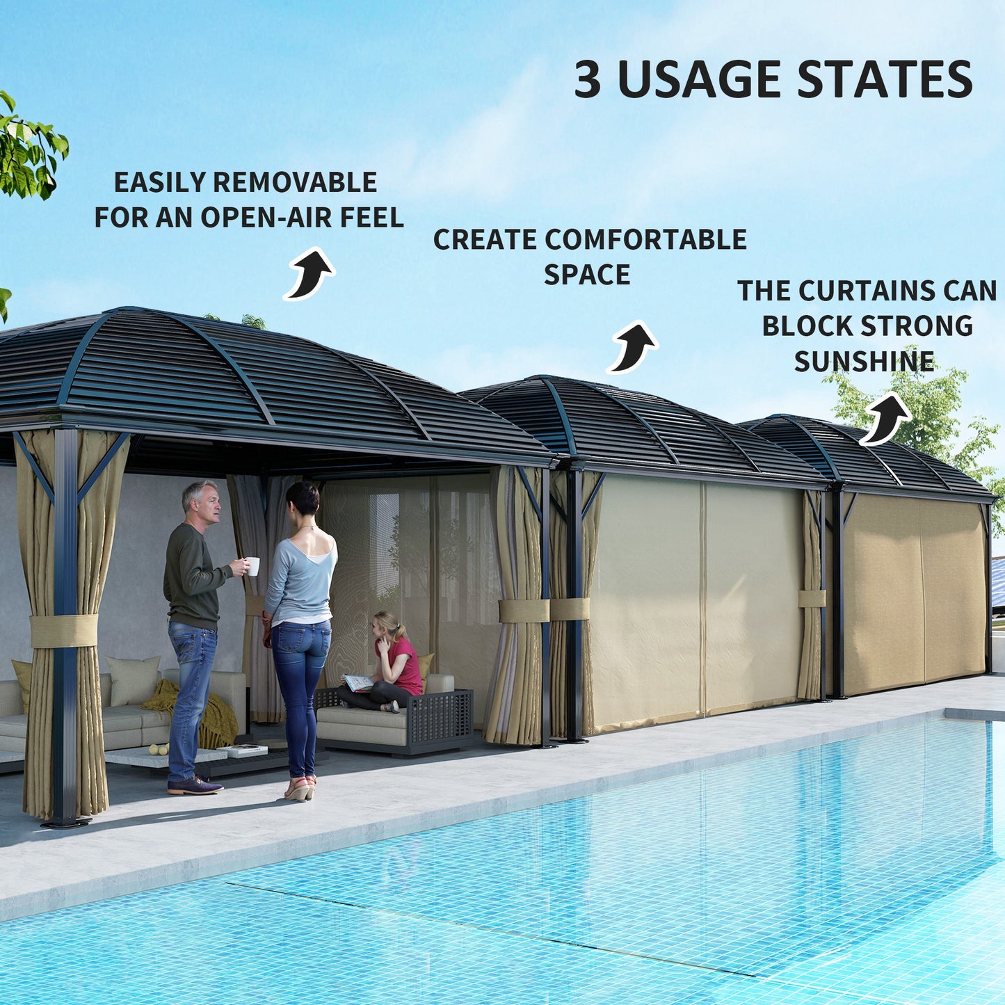 Outsunny 10' x 13' Hardtop Gazebo Aluminum Outdoor Canopy with Mesh Nettings, Curtains, Brown