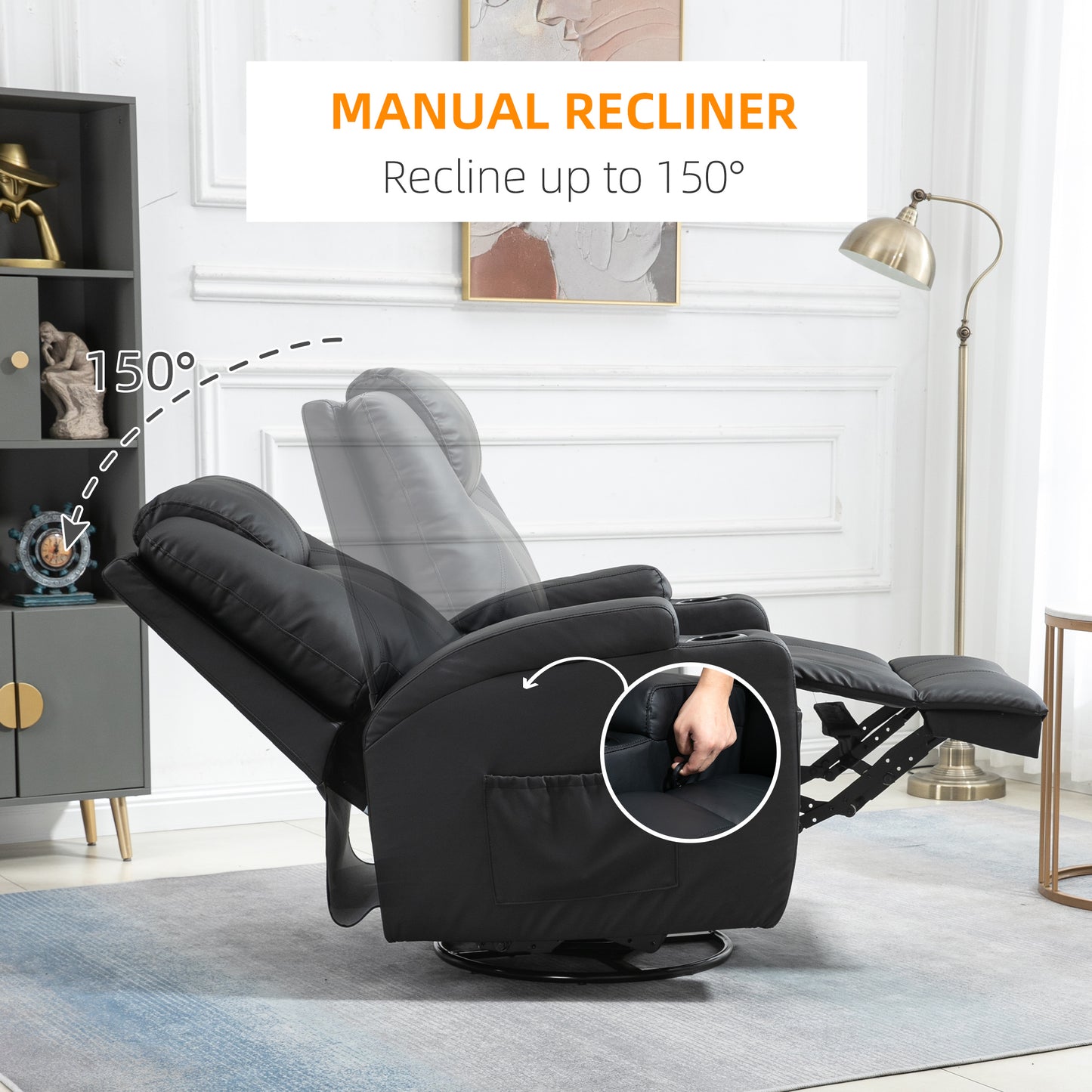 HOMCOM Massage Recliner Chair, Swivel Nursery Rocker Chair, Manual Reclining Sofa with 8 Vibration Points, PU Leather, Cup Holders, Side Pockets, for Living Room, Black