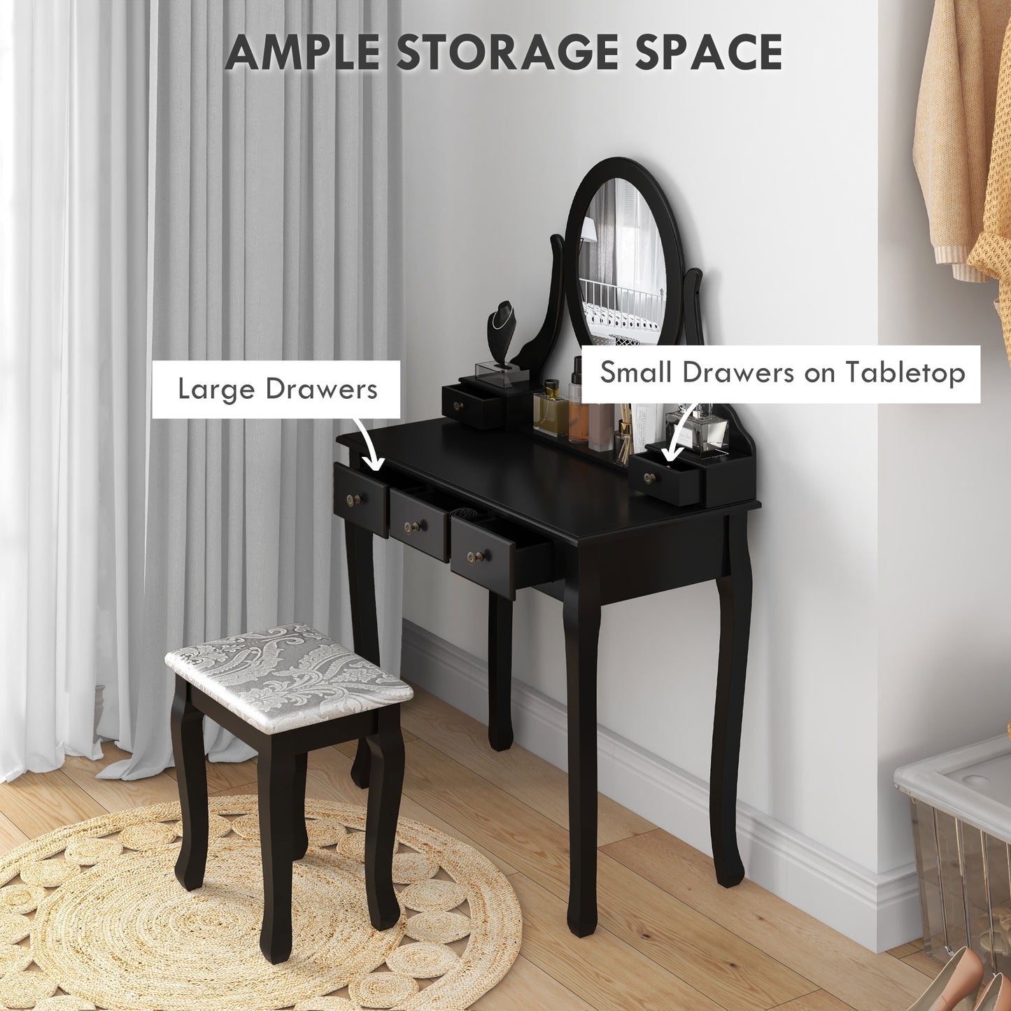 HOMCOM Vanity Desk with Stool, Makeup Vanity with 360° Rotating Oval Mirror, 5 Drawers and Padded Seat, Dressing Table for Bedroom, Black