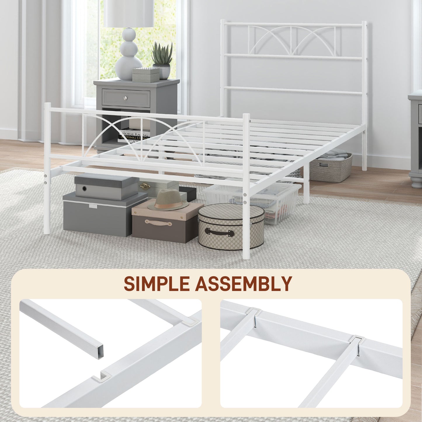 HOMCOM Metal Full Platform Bed Frame with Headboard, Steel Slat Support, Underbed Storage, No Box Spring Needed, Easy Assembly