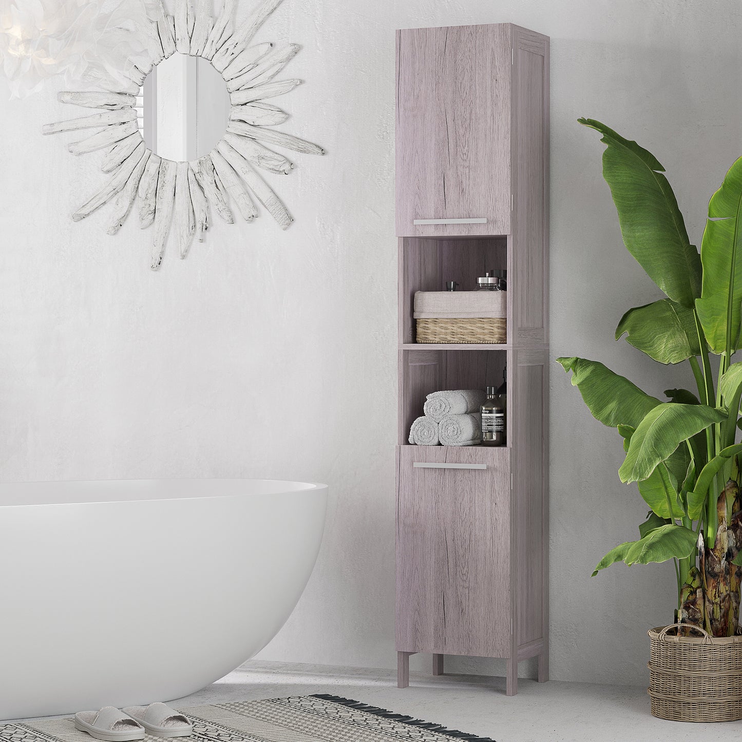 Kleankin Bathroom Storage Cabinet 68'' Organizer Tall Tower Cupboard w/ Shelves Wood Grain Freestanding Furniture